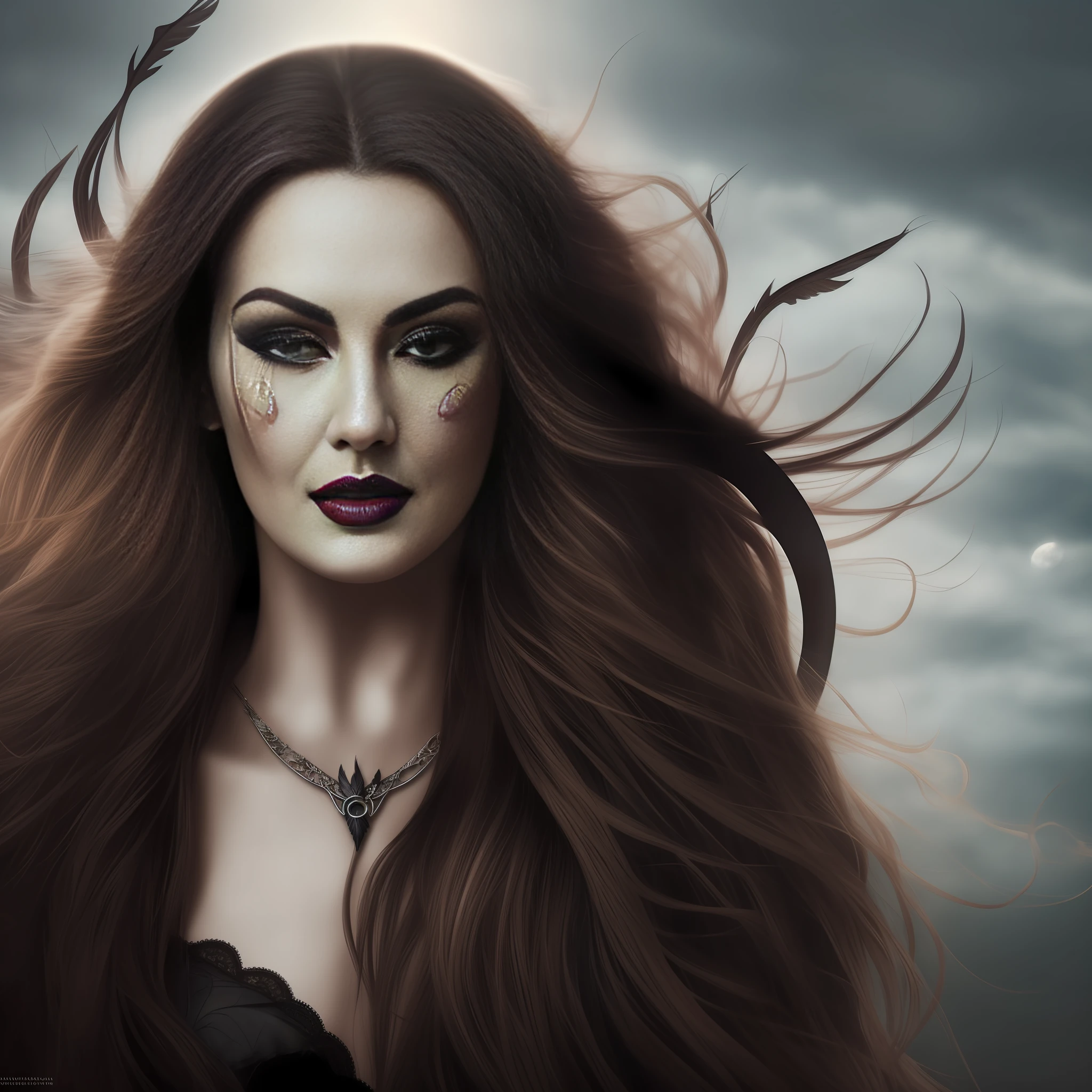 Extremely detailed realistic luminous portrait of a charismatic gothic vampire woman in a Victorian setting, perfect body, (realistic adult woman), ((detailed background)), (detailed gray sky), (detailed gothic costume), (detailed red eyes). (dramatic lighting), ((masterpiece)), ((crows)), ((perfectly detailed hands)), detailed cloud, ((complex detail)), (((adult woman))), jewel-like red eyes, (floating strands of hair), combative facial expression, Monica Bellucci-inspired face, long dark hair, (demon horn), (mist), moonlight, full moon, ((surrounded by floating feathers)), focus on the subject, chiaroscuro, wind, road, church, HD wallpaper, --auto