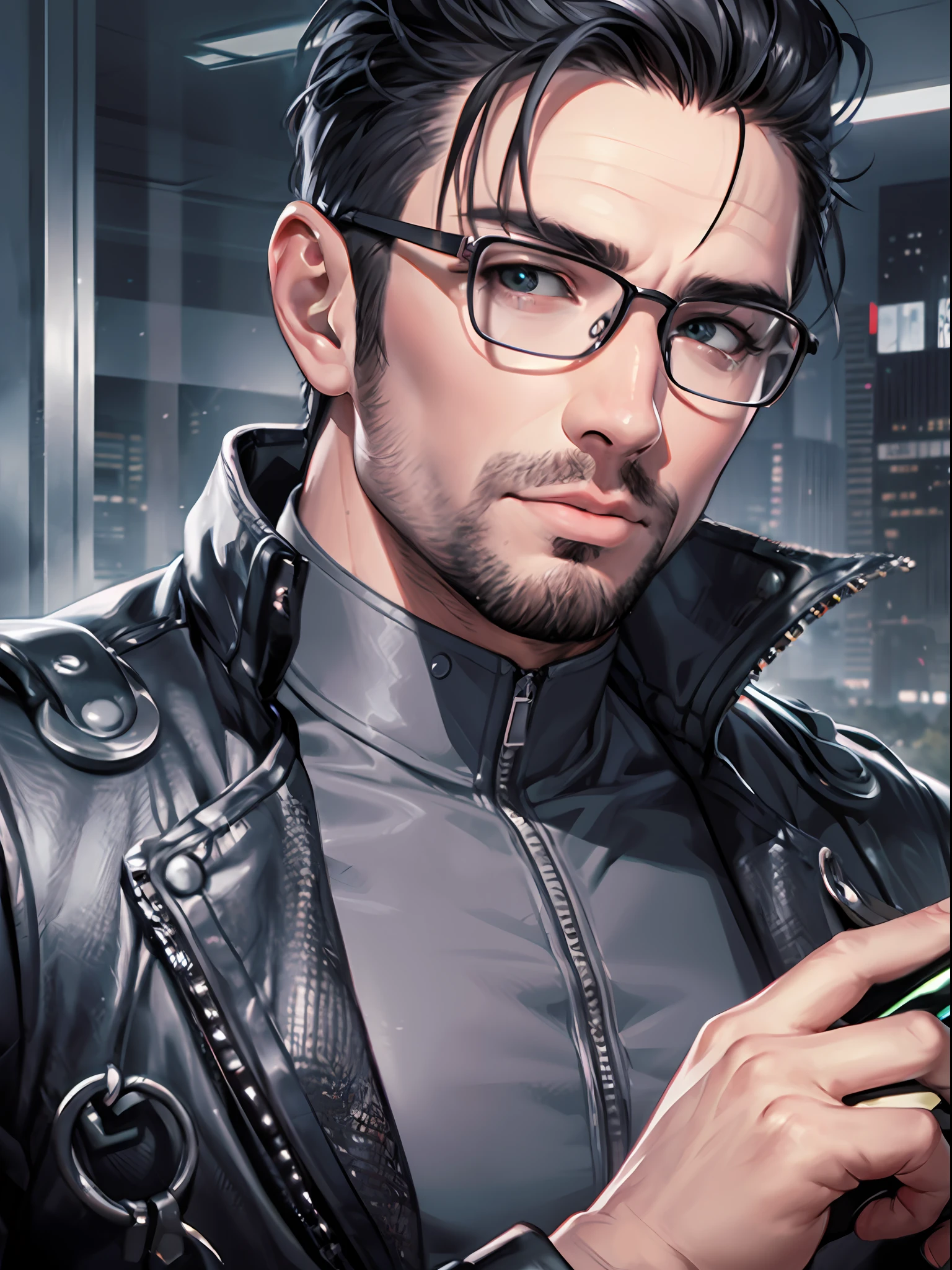 Create photorealistic images of 30 year old man with Asian face and handsome appearance. He should have thick black-rimmed glasses (Tom Ford), dignified thin eyebrows, and a sleek hairstyle, shaved sides of black hair. His eyes should be long and narrow, exuding an IT, futuristic and Android-like vibe. Images should be rendered in high-resolution 16k quality with an ISO setting of 100 and a shutter speed of 1/125 using a Nikon D850 DSLR camera with an 85mm lens.