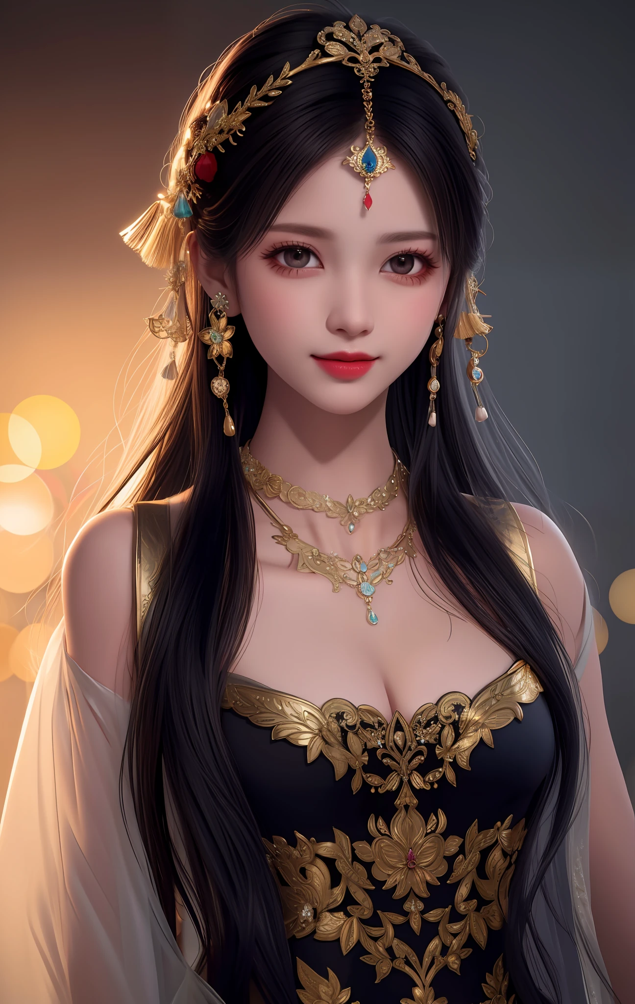 best quality, masterpiece, highres, 1girl, transparent silk china dress, beautiful face, hair ornament, looking at viewer, smile, closed mouth,lips, dress,hair ornament, necklace, jewelry, long hair, earrings, Beautiful face,upon_body, tyndall effect,photorealistic, dark studio, rim lighting, two tone lighting,(high detailed skin:1.2), 8k uhd, dslr, soft lighting, high quality, volumetric lighting, candid, Photograph, high resolution, 4k, 8k, Bokeh