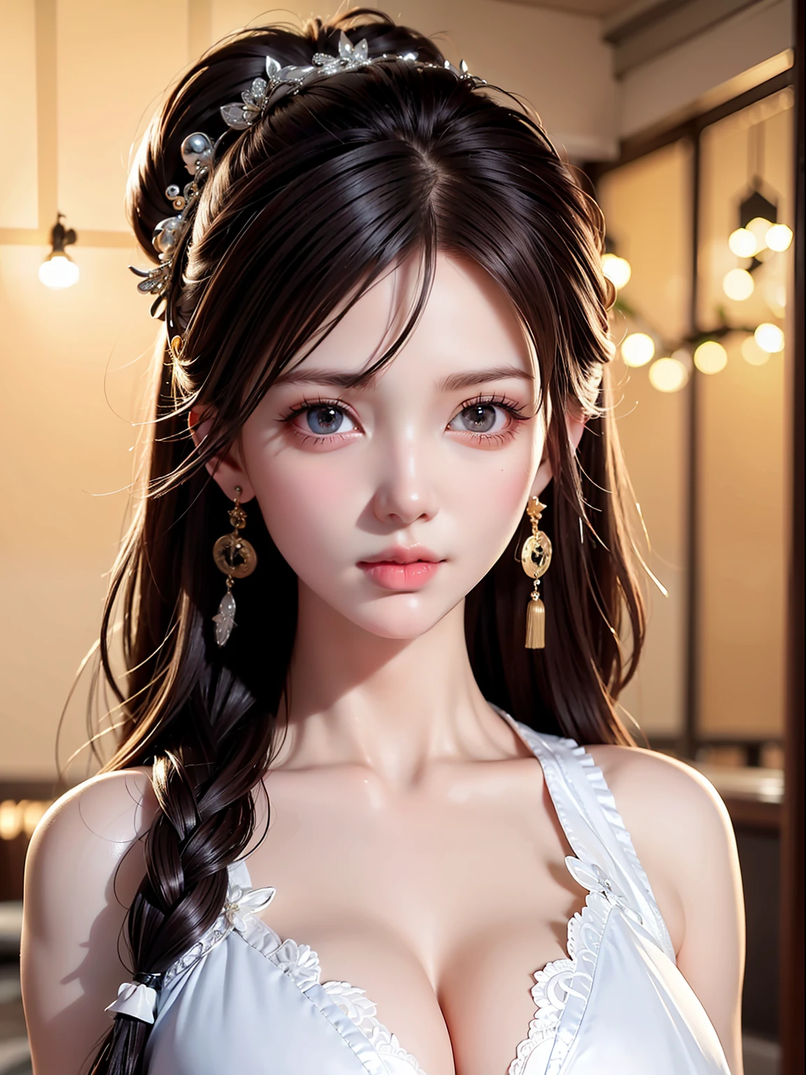 Canon 5DMk2 135mm, (highest quality) (masterpiece)), intricate details, sharp focus, professional, photorealistic, ultra-realistic, photorealism, silhouette lights, fine indications, top quality, CG Unity wallpapers highly detailed 8k, perfect artwork, full body, shiny hair, shiny eyes, glowing skin, 3 perfect realistic female figures, narrow waist, camera gaze, lace, seductive posture, sexy pose, Very delicate and beautiful girl, top quality, beautiful details, beautiful detailed eyes, soft lighting on the face, movie lighting, transparency, white ancient Chinese folk costume, see-through material, buttocks exposed, realistic expression of face, (complex details, makeup, (beautiful delicate face details, Beautiful detailed delicate eyes, perfectly proportioned face, highly detailed skin, detailed skin, best proportions four fingers and thumb, arms under chest, big big breast, smooth abdomen, thin and thin, fashion, solo, (young), highlighted face, detailed face, white skin, brown hair, ponytail, braided hair, big eyes, earrings, slim body, transparent background, professional lighting, One girl, coiled hair, big, 27 years old,