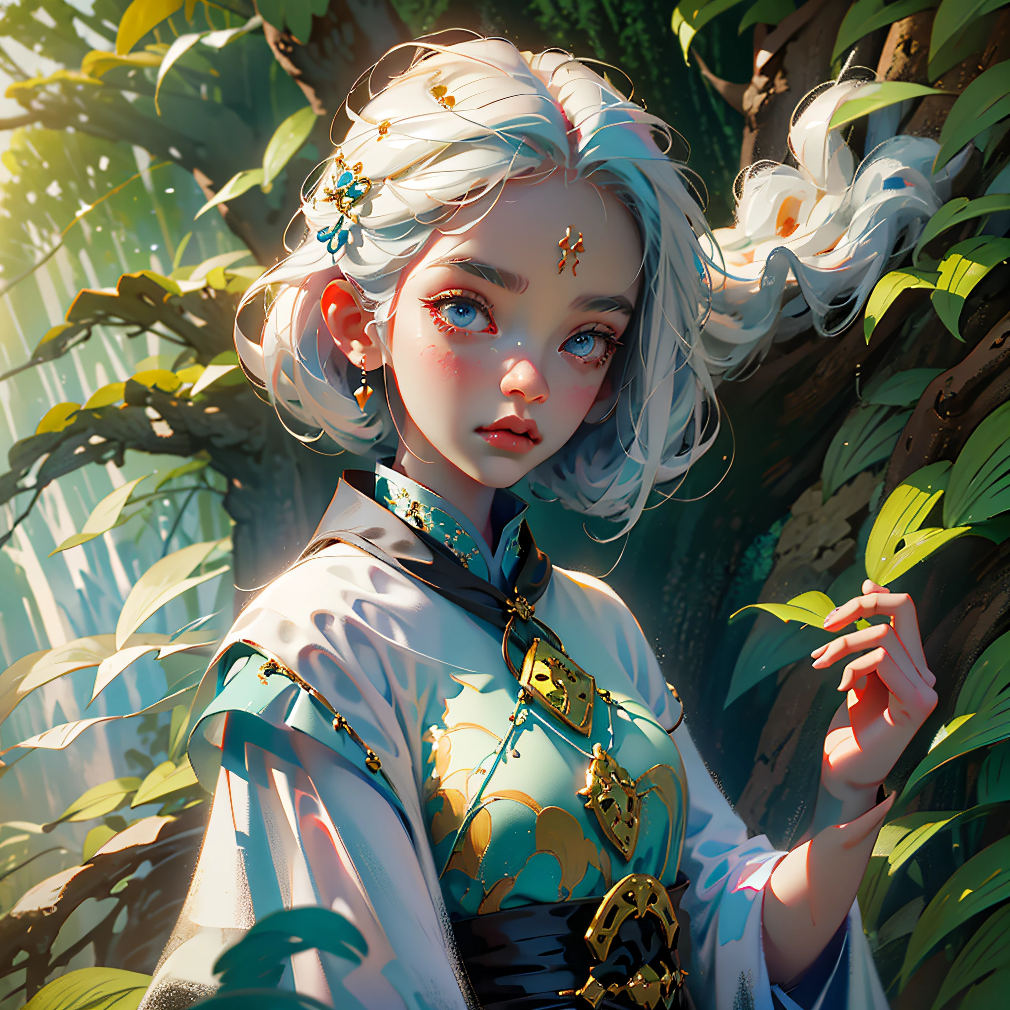 White hair, big blue eyes, ancient Chinese painting style, white robe, girl, loli, black eyelashes, standing in the forest --auto --s2