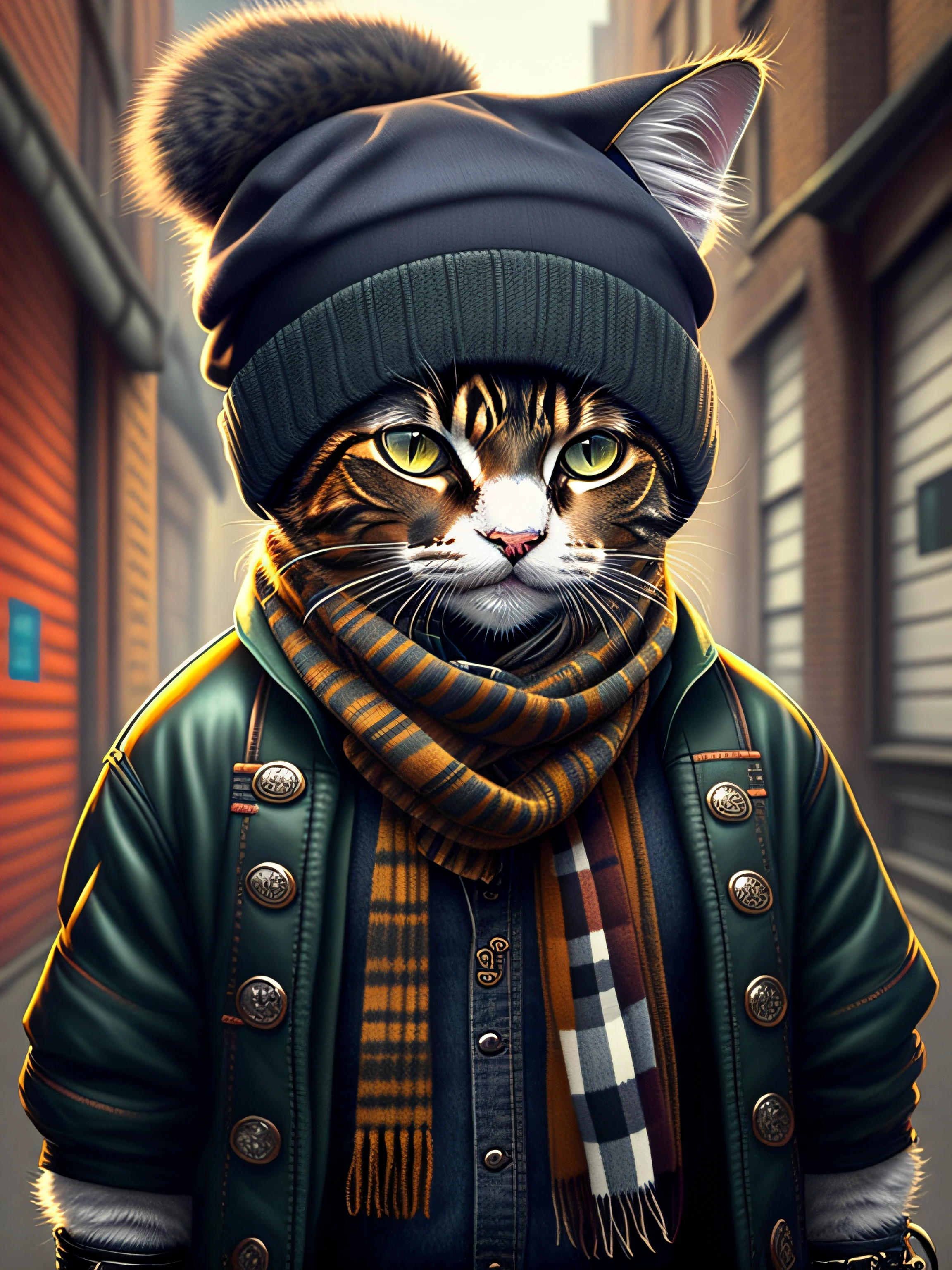 A cat with hat and scarf, trend in art station, dressed in sportwear, hyper-realistic detailed rendering, urban style, intimidating pose, planet of cats, fashionable clothes, urban samurai, meow, west Slavic features, 8 1 5