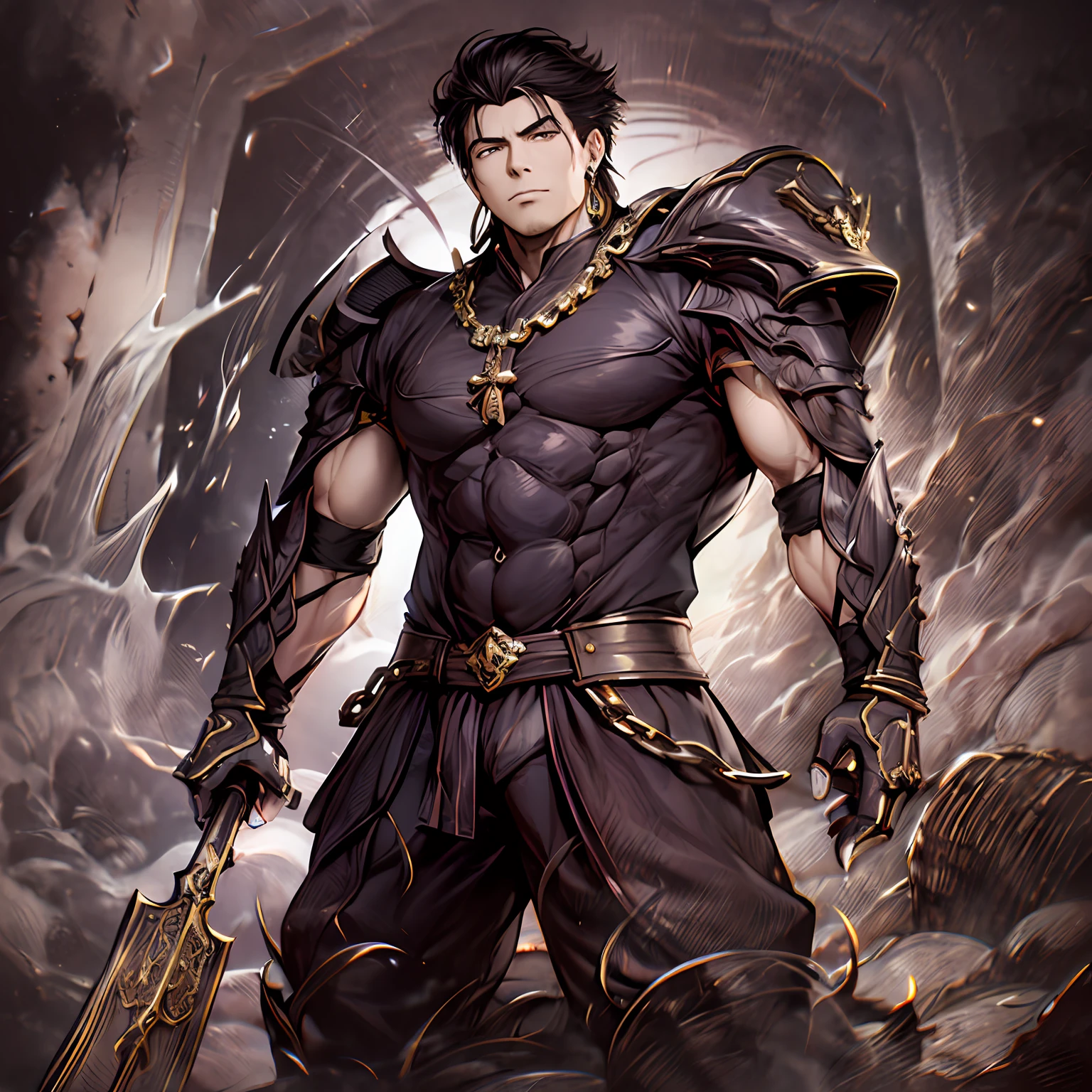 Muscular, stout, Asian man in his 30s, wearing armor, small gold earrings, with gold chains on his wrists and arms, chonmage, defined jaw, full body photo, standing in front of him, fantasy