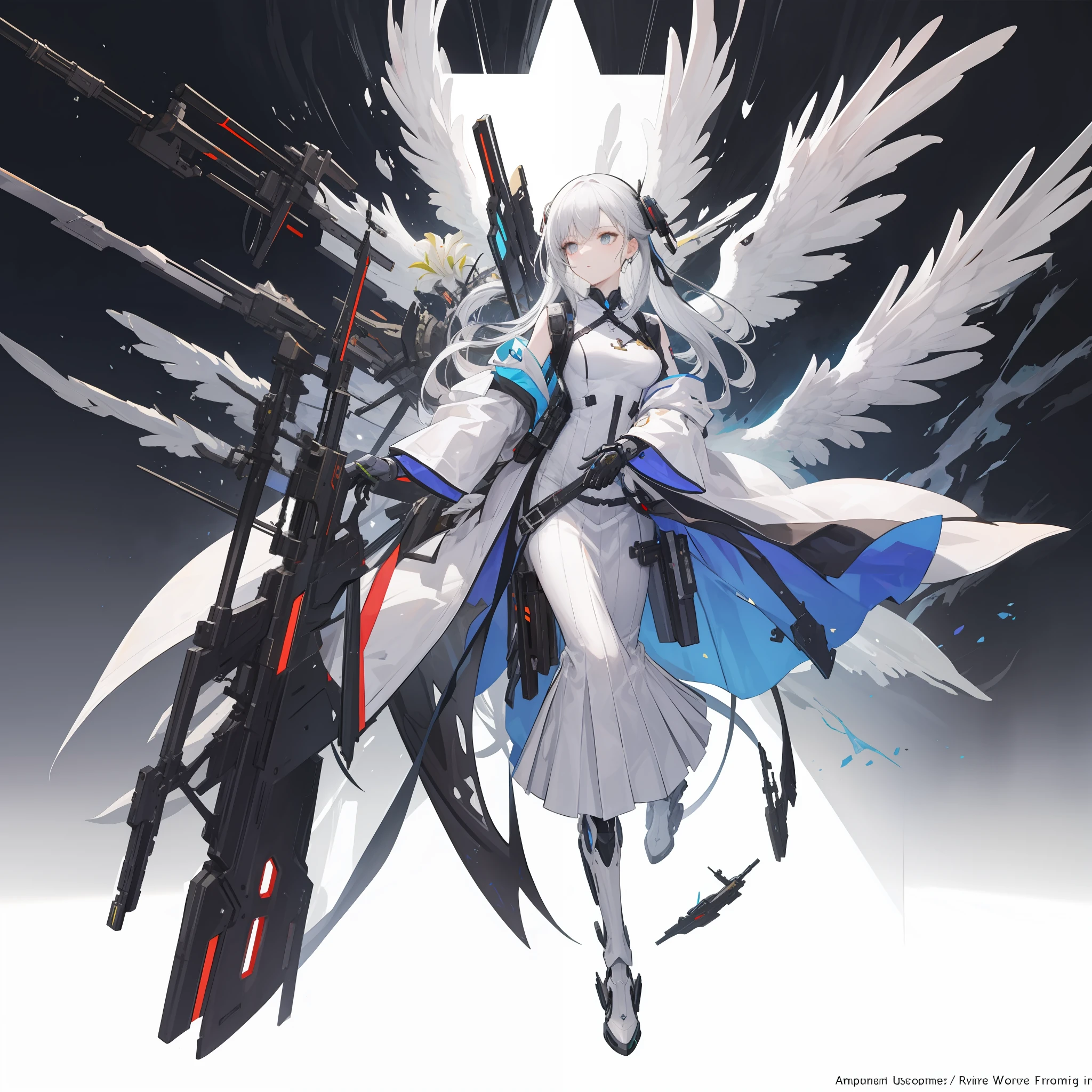 A full-body close-up of a full-body wearing a lily element white dress pleated long skirt battle suit holding a double-headed longsword in both hands, mechanical legs, off-white as the main color, Punishing: Gray Raven, from Ark Night, Guvitz, from Punishing: Gray Raven, Girl Frontline style, Girls Frontline universe, inspired by Leng Mei, Kusart Krenz key art feminization, 7.5 head body, mechanical prosthetics,