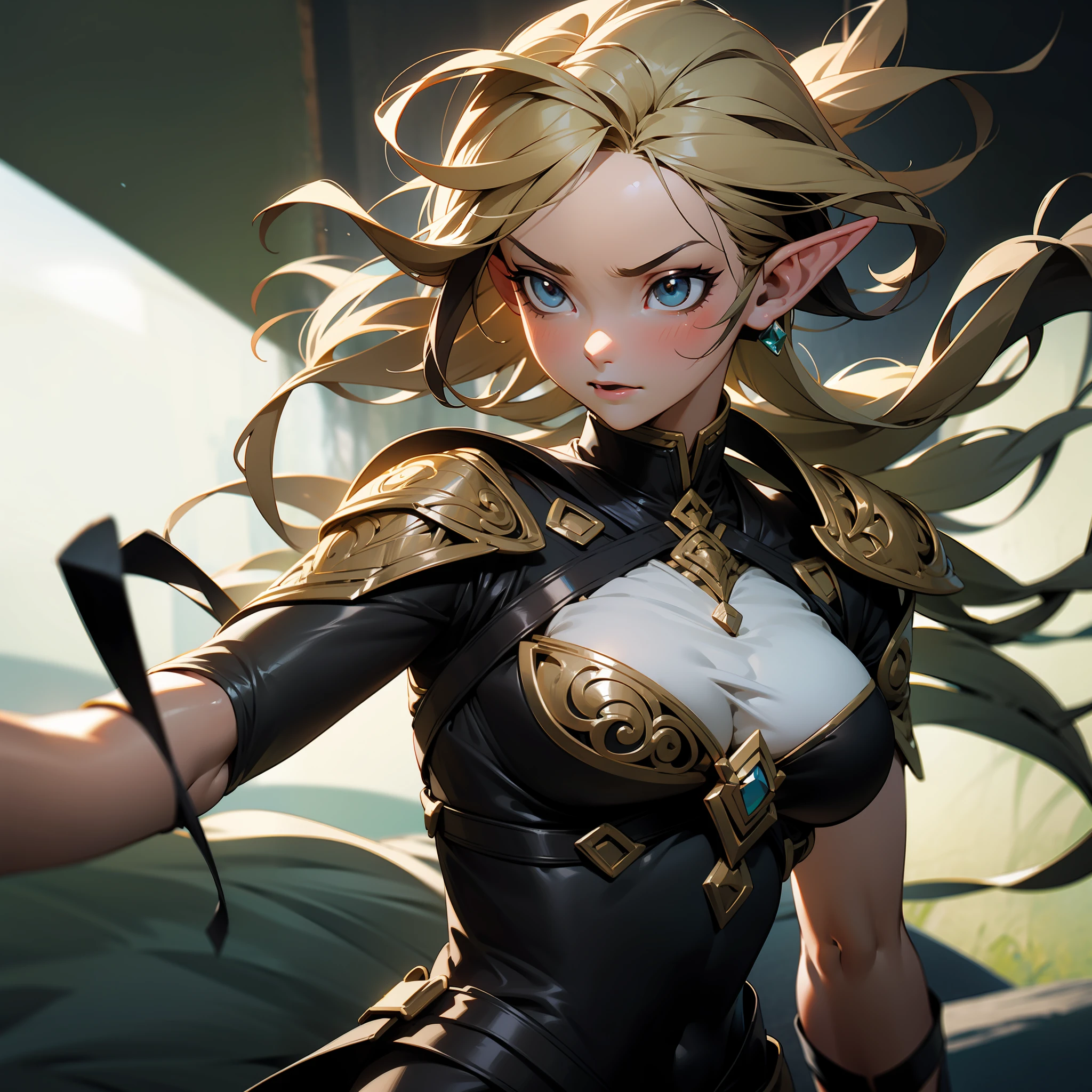 Illustration of an elf warrior girl in dynamic pose of at o and arrow in the forest, facial expression of fury, warm body, nice breasts, detailed face, intricate datails, shiny skin, elegant rocker, cinematic lighting, super detail, best quality, masterpiece, anatomically correct, textured skin, super detail, high details, high quality, Artstation. background, a cinematic ring.