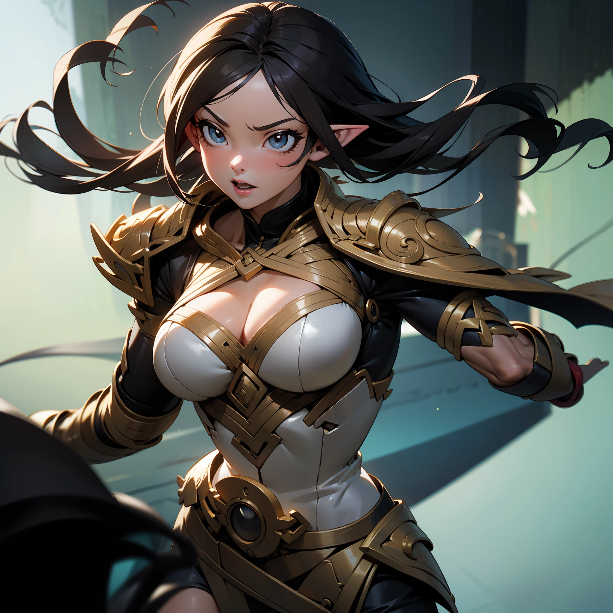 Illustration of an elf warrior girl in dynamic pose of at o and arrow in the forest, facial expression of fury, warm body, nice breasts, detailed face, intricate datails, shiny skin, elegant rocker, cinematic lighting, super detail, best quality, masterpiece, anatomically correct, textured skin, super detail, high details, high quality, Artstation. background, a cinematic ring.