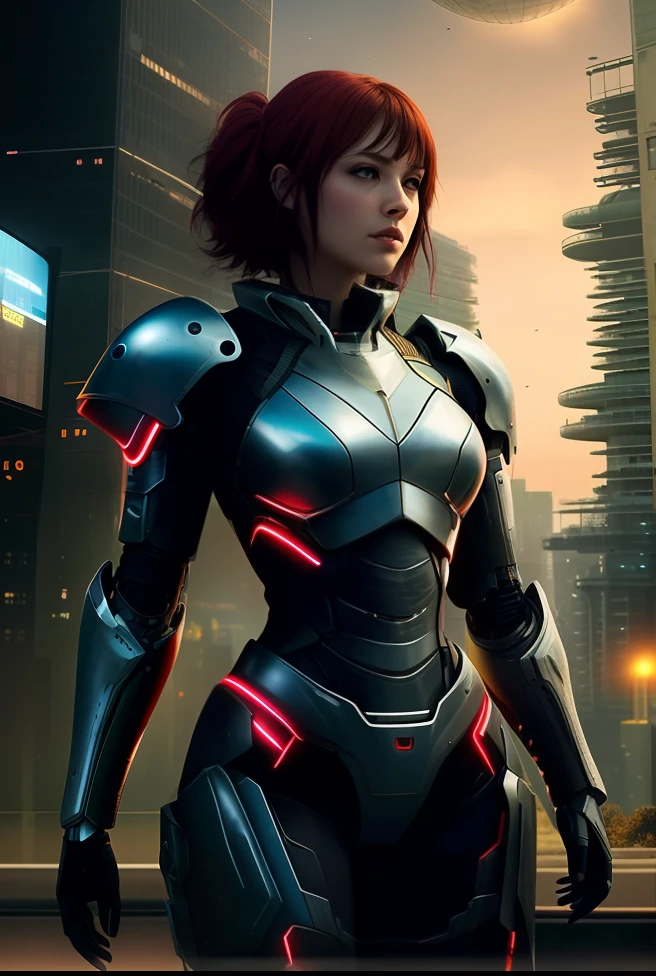 a punk woman in a futuristic suit standing in front of a futuristic city, girl in mecha cyber armor, armor girl, wearing futuristic armor, cyborg - girl, wearing sci-fi armor, cybersuit, cyborg girl, dressed in sci-fi military armor, girl in knight armor, cyber suit, scifi woman, awesome armor, female cyborg, various cybersuits,short red hair, clear environment,