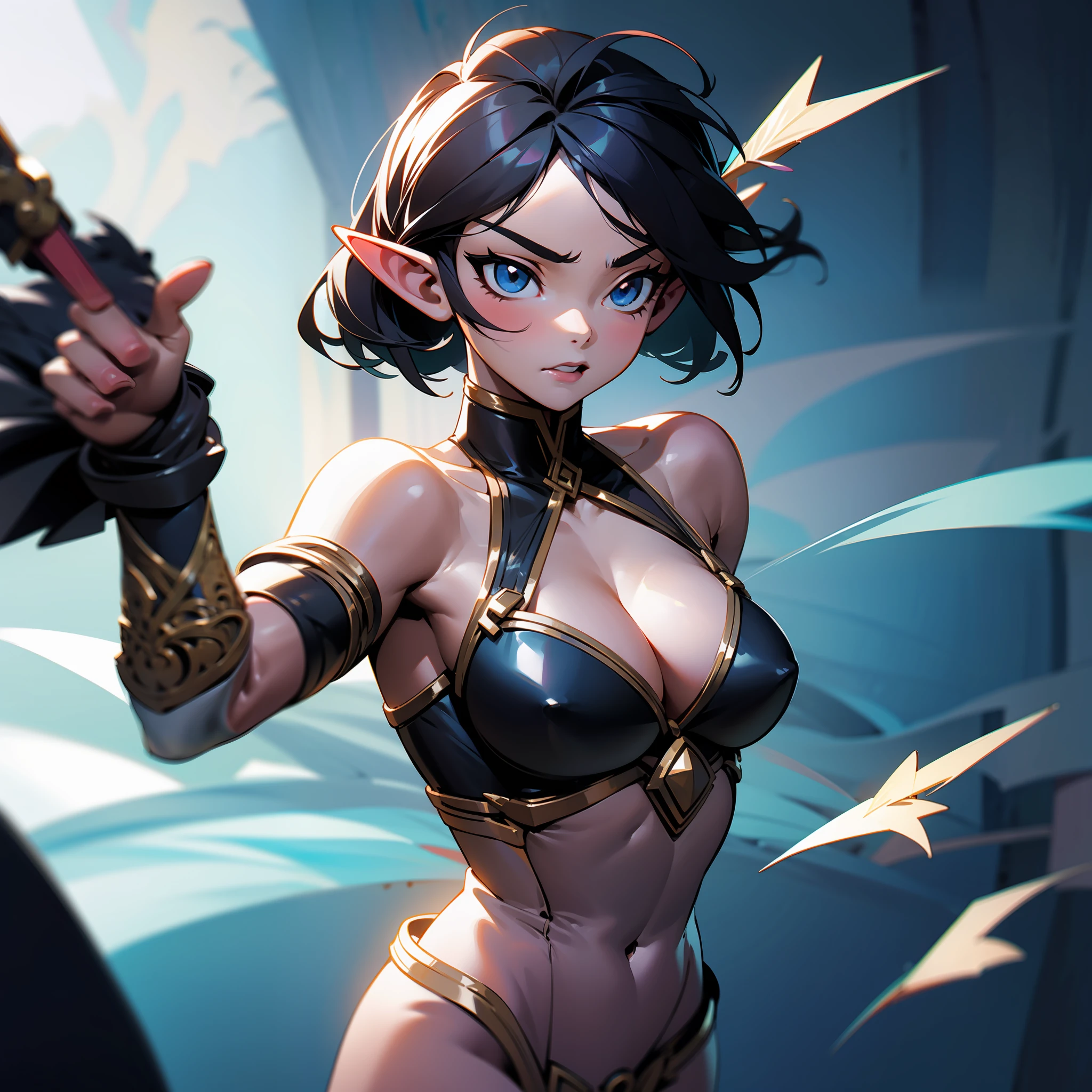 Illustration of an elf warrior girl in dynamic pose of at o and arrow in the forest, facial expression of fury, warm body, nice breasts, detailed face, intricate datails, shiny skin, elegant rocker, cinematic lighting, super detail, best quality, masterpiece, anatomically correct, textured skin, super detail, high details, high quality, Artstation. background, a cinematic ring.