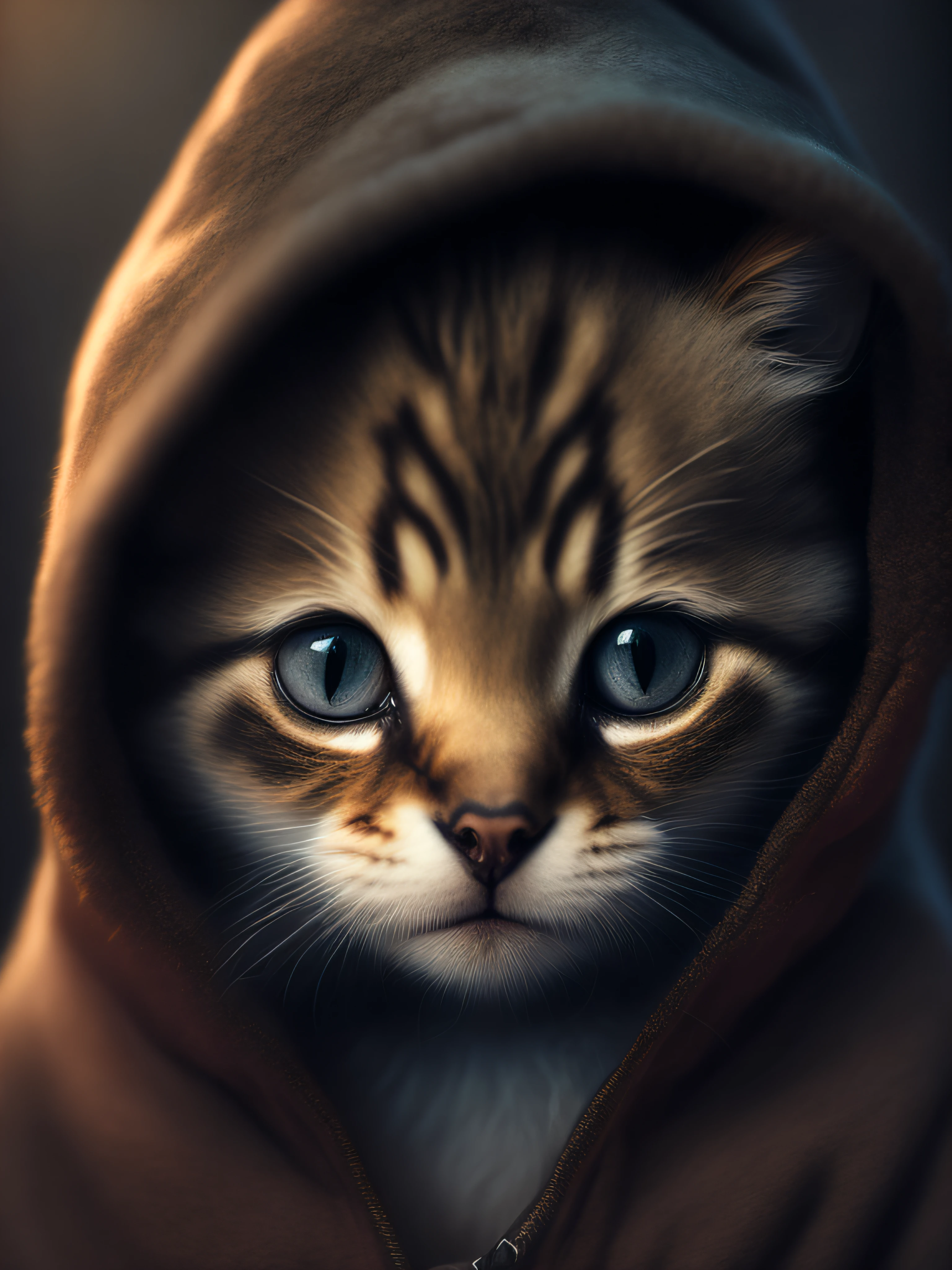 a small kitten sitting inside a wool sweater, miniature kittens, animal focus, whiskers, looking at the viewer, realistic, blurred background