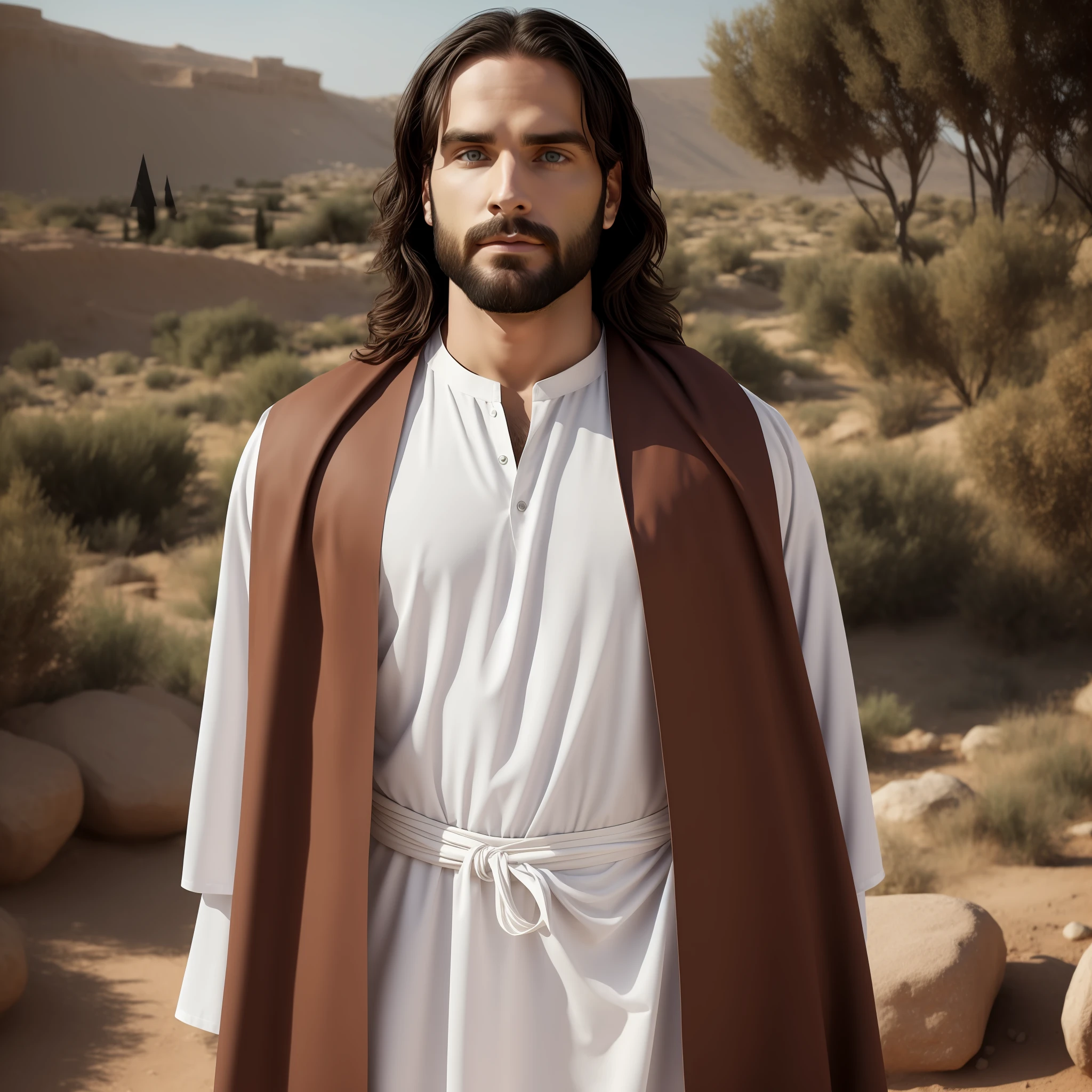 Seth Rollins as Jesus Christ, long hair, similar to seth rollins, wearing white Hebrew tunic, Jesus style from the Bible, realistic image, Israel image background, best quality, 8k, focus on details.