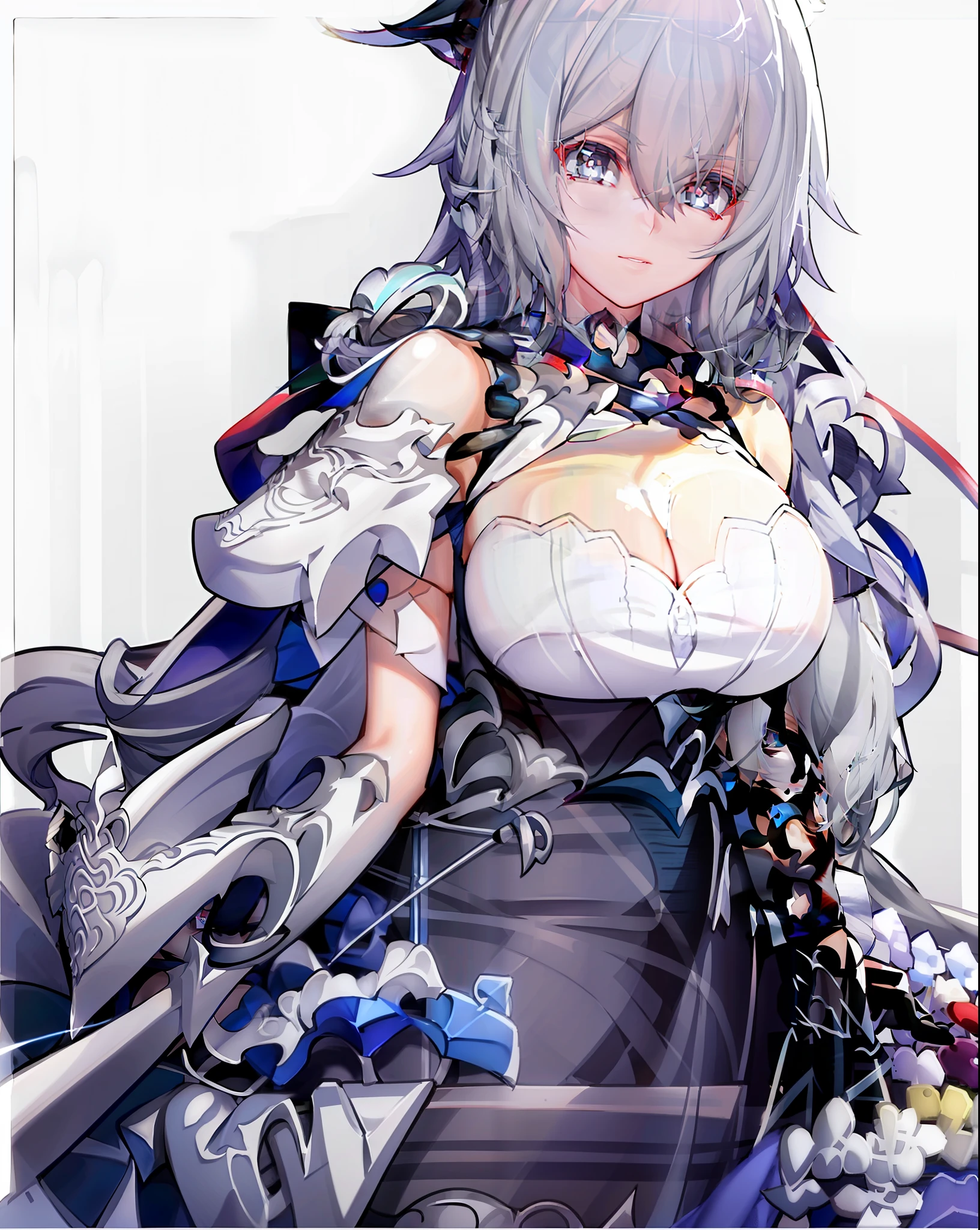 best quality,highly detailed,masterpiece,ultra-detailed,solo,1girl,(white background:1.5),(Delicate eyes), bronya_zaychik,gloves, breasts,crossed_bangs, grey_eyes, hair_between_eyes, silver_hair,symbol-shaped_pupils, cleavage, jacket, long_hair,large_breasts,