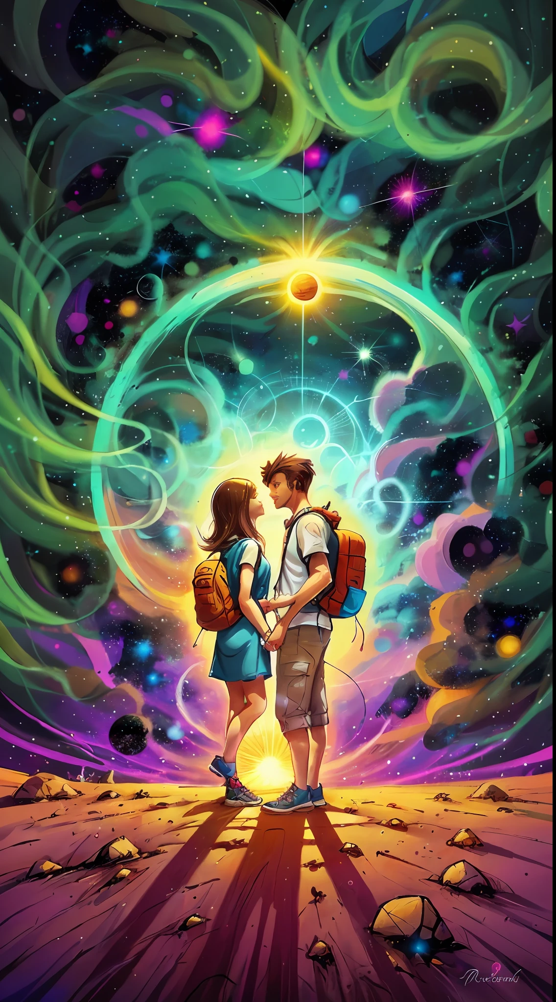 A guy and a girl holding hands standing in front of a cosmic portal overlooking the sun, Cyril Rolando and Goro Fujita, a portal to another universe inspired by Cyril Rolando, a portal to another dimension, a world visible only through a portal, high-quality fantasy stock photo, a portal to another world, a portal to outer space, in the style of Cyril Rolando, Looking into space, backpacks, sports fashion clothes,  stylishly