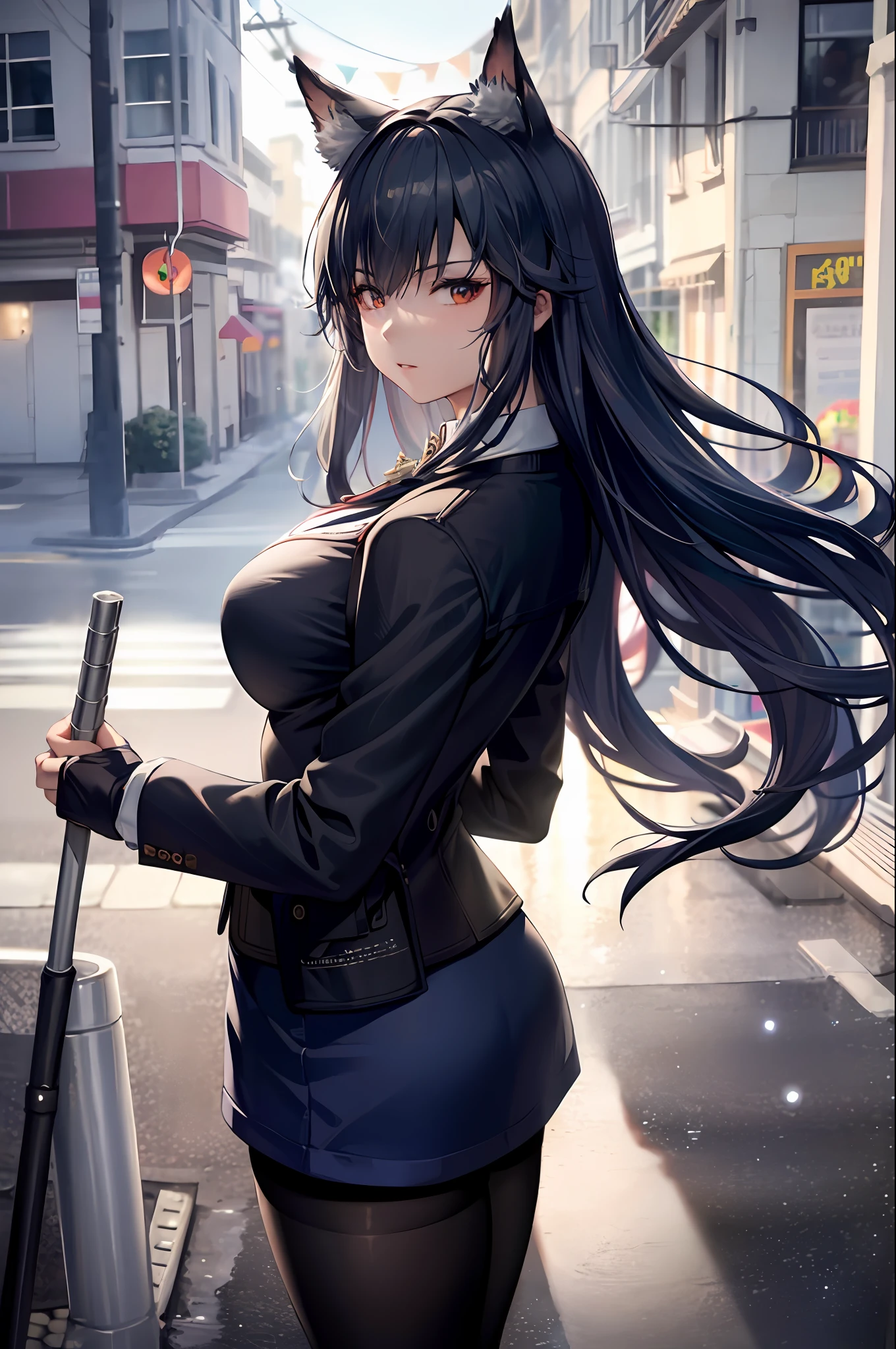 (8k, RAW photo, best quality, master:1.4), ultra high res, (realistic, photo-realistic:1.48), omertosa, 1girl, (Kpop idol), (aegyo sal:1), cute, (super bokeh night: 1.25), bokeh, night, traffic light, road signs, rain, after rain, dampness, professional lighting, detail lighting, photon mapping, radiosity, physically based rendering, black pantyhose bloom, backlighting, depth of field, natural lighting, hard focus, film grain, one meter shooting distance, professional shooting, shooting with Sony a9 II mirrorless camera, detailed eyes, realistic eyes, detailed shadows, looking at the audience, dog ears, detailed lighting, skirt, black skirt, long legs, black stockings, (fine hair, realistic hair, realistic lighting, realistic shadows.) , realistic costumes), realistic skin, (gun on the waist: 1), realistic light reflection from above, ((behind the arms)), (hands behind the back), bandeau, sexy, big breasts, Japanese goddess
