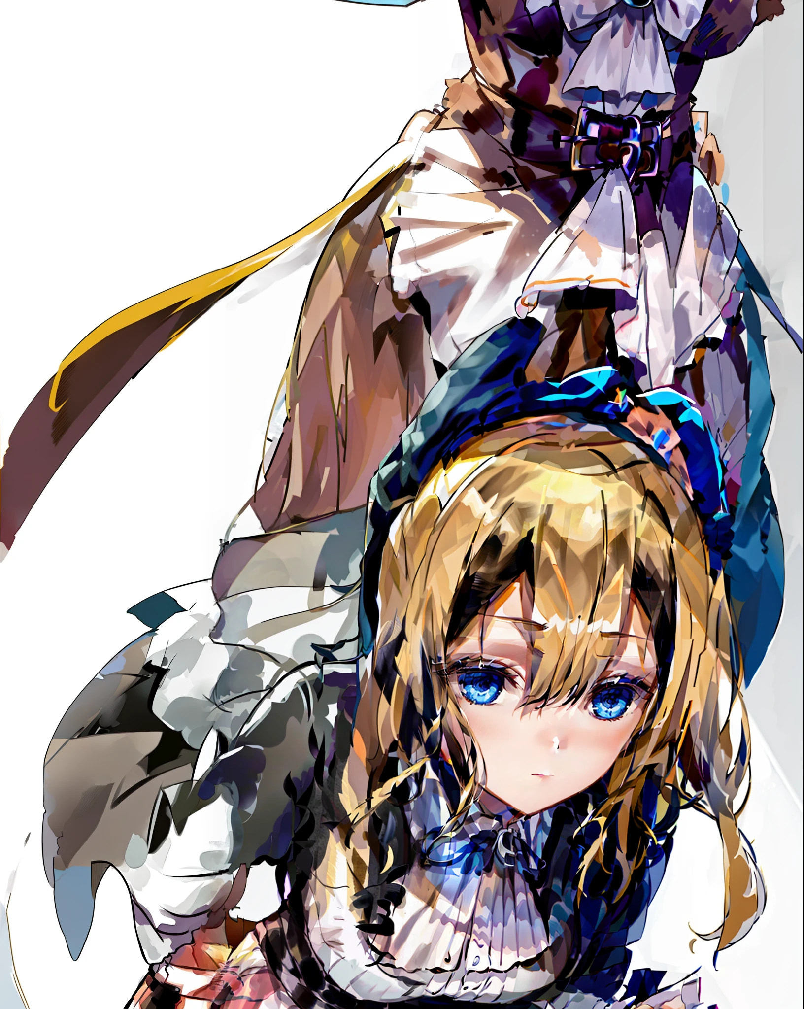 best quality,highly detailed,masterpiece,ultra-detailed,solo,1girl,(white background:1.2),delicate eyes,hayasaka_ai,full body,blue_scrunchie, short hair,blue_eyes,hair_between_eyes, side_ponytail,(blonde_hair:1.2),sidelocks,standing,bored,maid dress,leaning forward,large breasts,