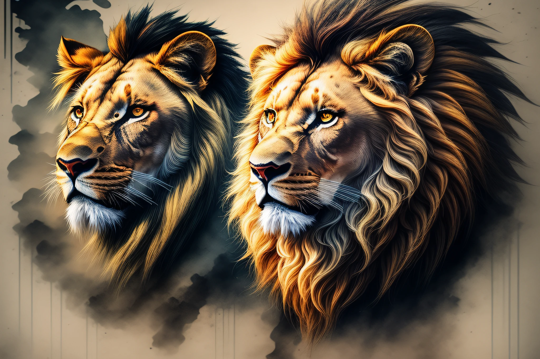 Lion family with cubs orange black background and black eyes in dark room with light, lion, half lion, with the mane of a lion, portrait of a lion, lion's head, the mane of a lion, king of the jungle, lion's mane, aslan, the lion, face of a lion, digital art animal photo, lion's mane,  lion body, wallpaper 4 k