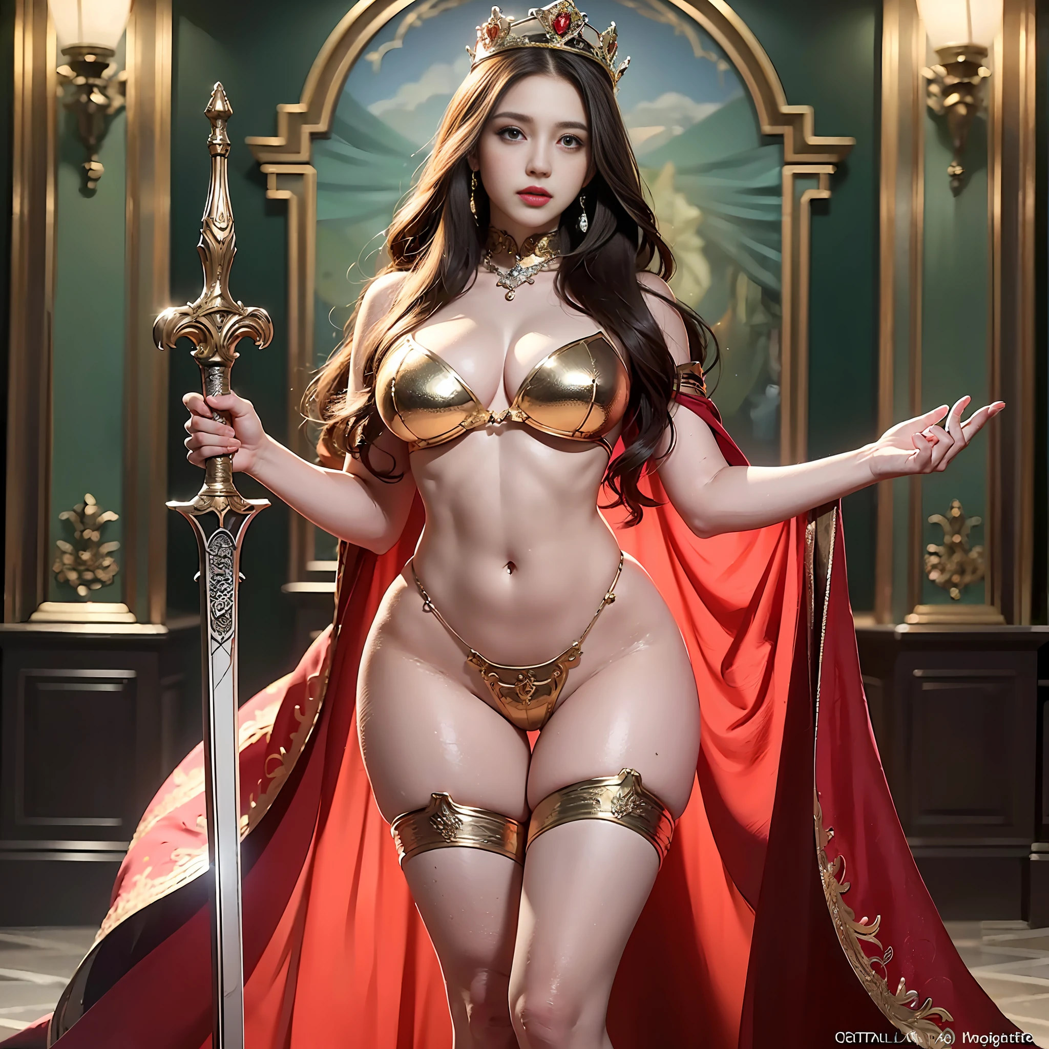 (Masterpiece), (Best Quality), (Realistic), (((Queen of Mars)), (Dejah Solis), (Audience Room), 20 years old, 1girl, Heavy costume, regal costume, holding a sword in hand, clear focus: 1.5, Beautiful woman with detailed eyes, double eyelids, long hair, perfect figure: 1.4, perfect proportions, anatomically correct figure, well-proportioned beautiful breasts, tight waist, standing, full body, beauty in return, fashion model, portrait shoot, ideal lighting, well-proportioned beautiful hips, best quality, masterpiece, ultra high res, (photorealistic:1.4), RAW photo, red lips, red high heels, face length and neat face,