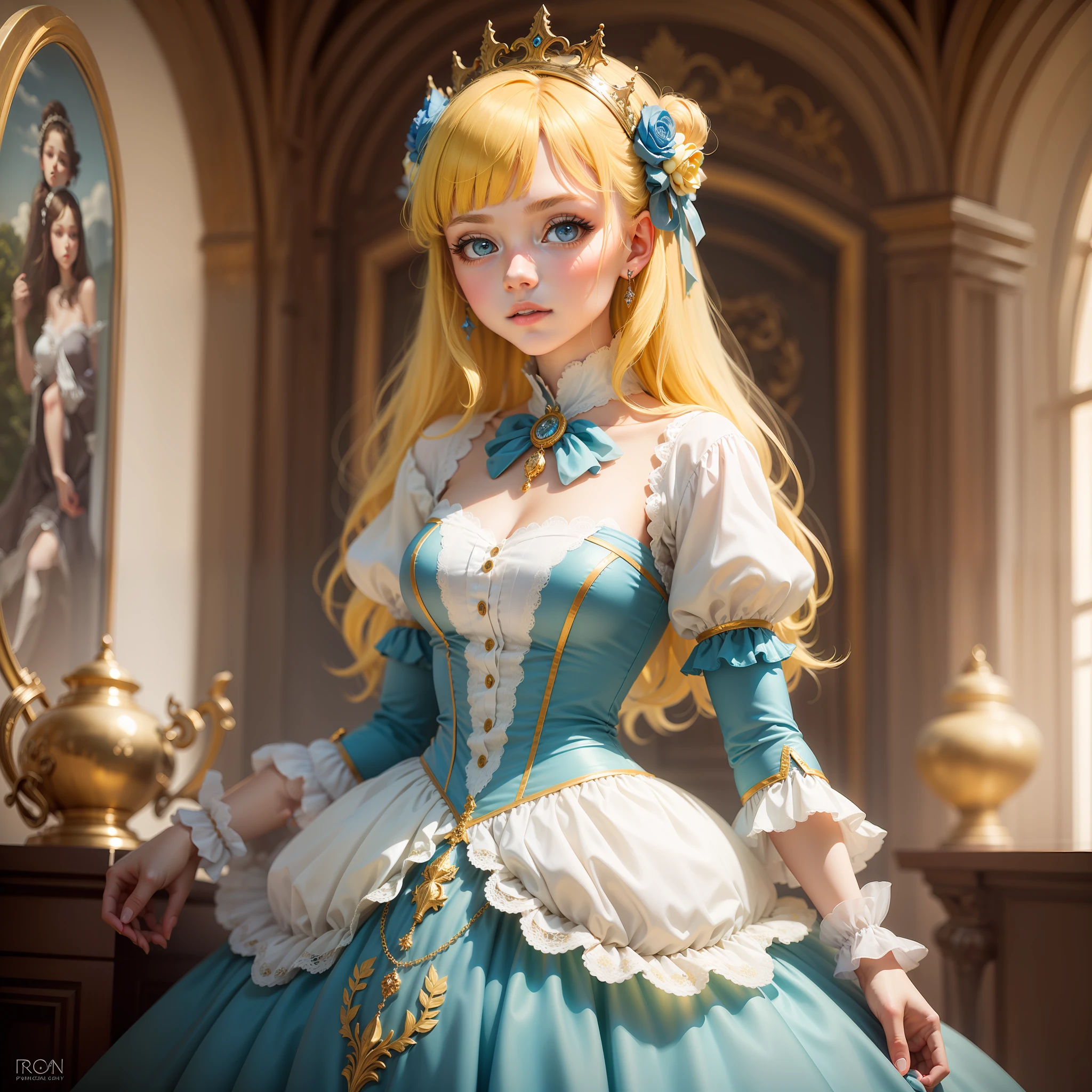princess, yellow hair, 18 years old, beautiful, innocent, blue eyes, rococo style dress