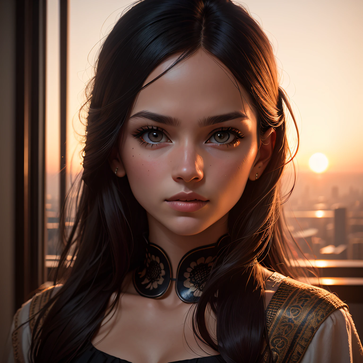 dvArchModern, 85mm, f1.8, portrait, photo realistic, hyperrealistic, orante, super detailed, intricate, dramatic, sunset lighting, shadows, high dynamic range --auto
