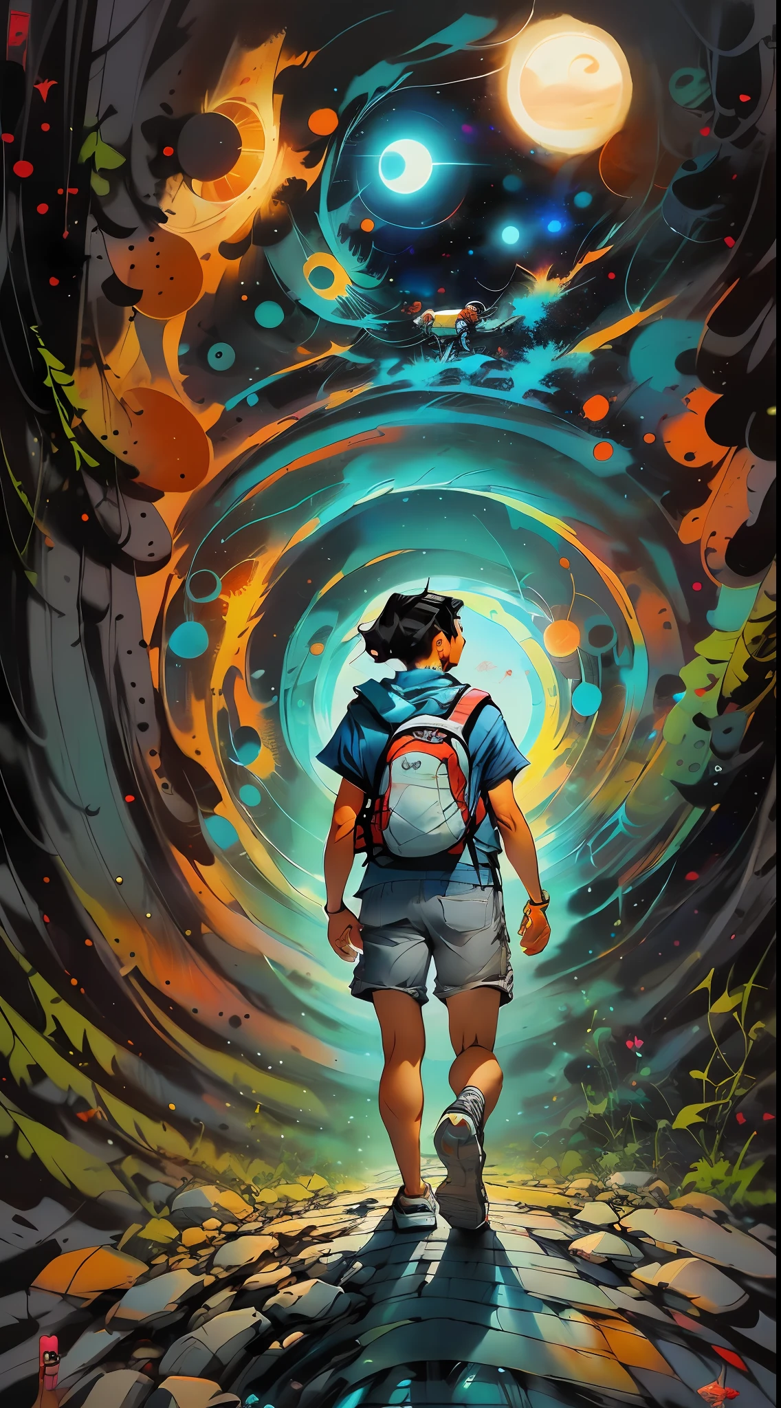 A guy and a girl holding hands standing in front of a cosmic portal overlooking the sun, Cyril Rolando and Goro Fujita, a portal to another universe inspired by Cyril Rolando, a portal to another dimension, a world visible only through a portal, high-quality fantasy stock photo, a portal to another world, a portal to outer space, in the style of Cyril Rolando, Looking into space, backpacks, sports fashion clothes,  stylishly
