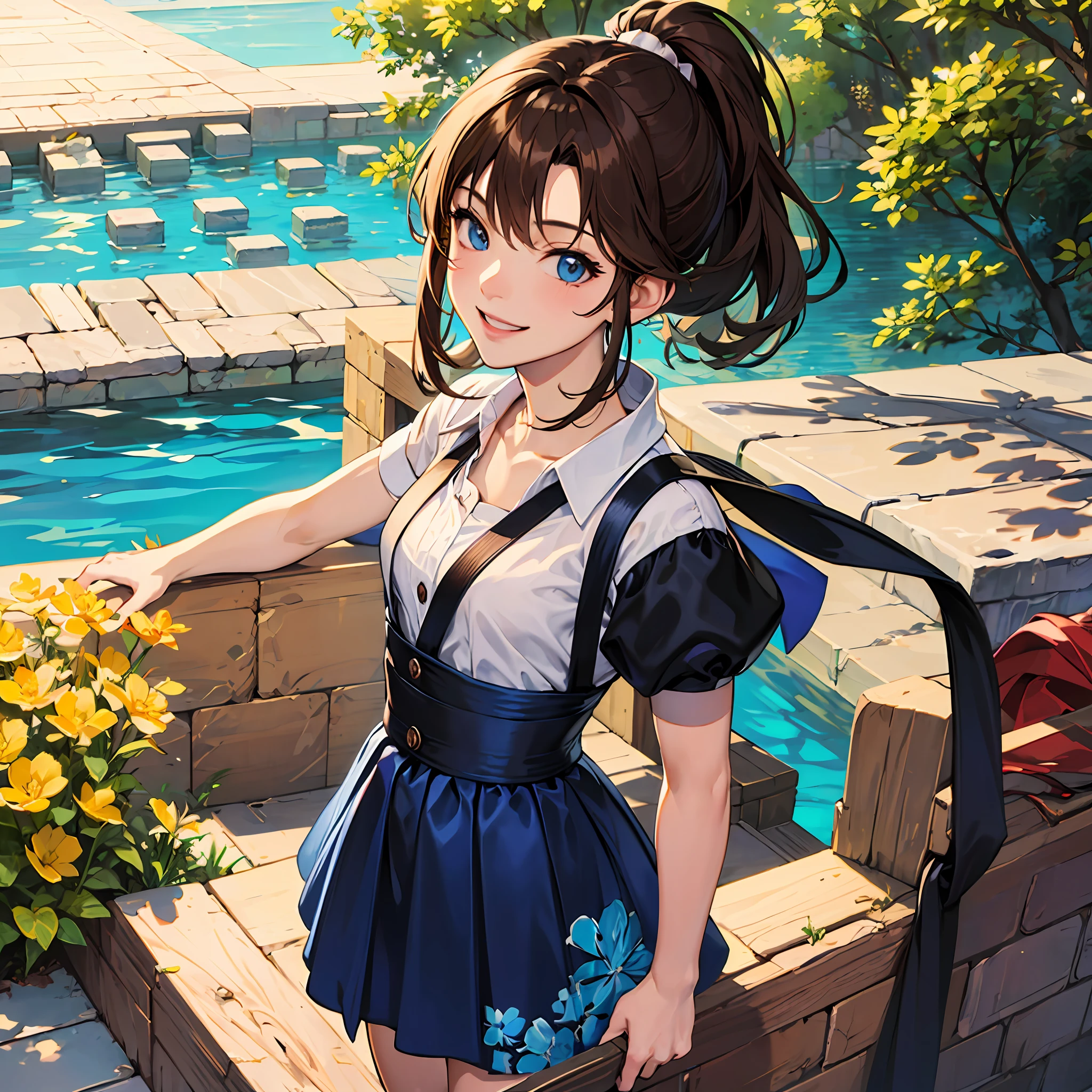 Ultra high res, best quality, masterpiece, cute anime girl, ponytail, brown hair, blue eyes, smiling, safe --auto