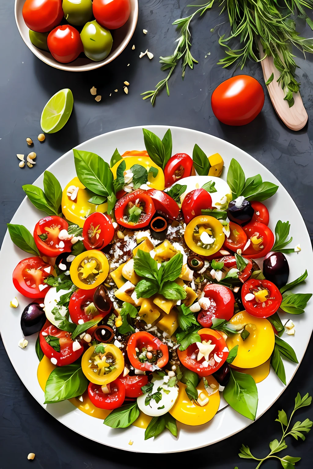 Create an advertising image that showcases a beautifully presented plate of Brazilian "cuscuz" with a variety of colorful toppings, such as tomatoes, olives, and fresh herbs, create a table full of colors
and flavors that will make everyone's mouth water just by
looking at it