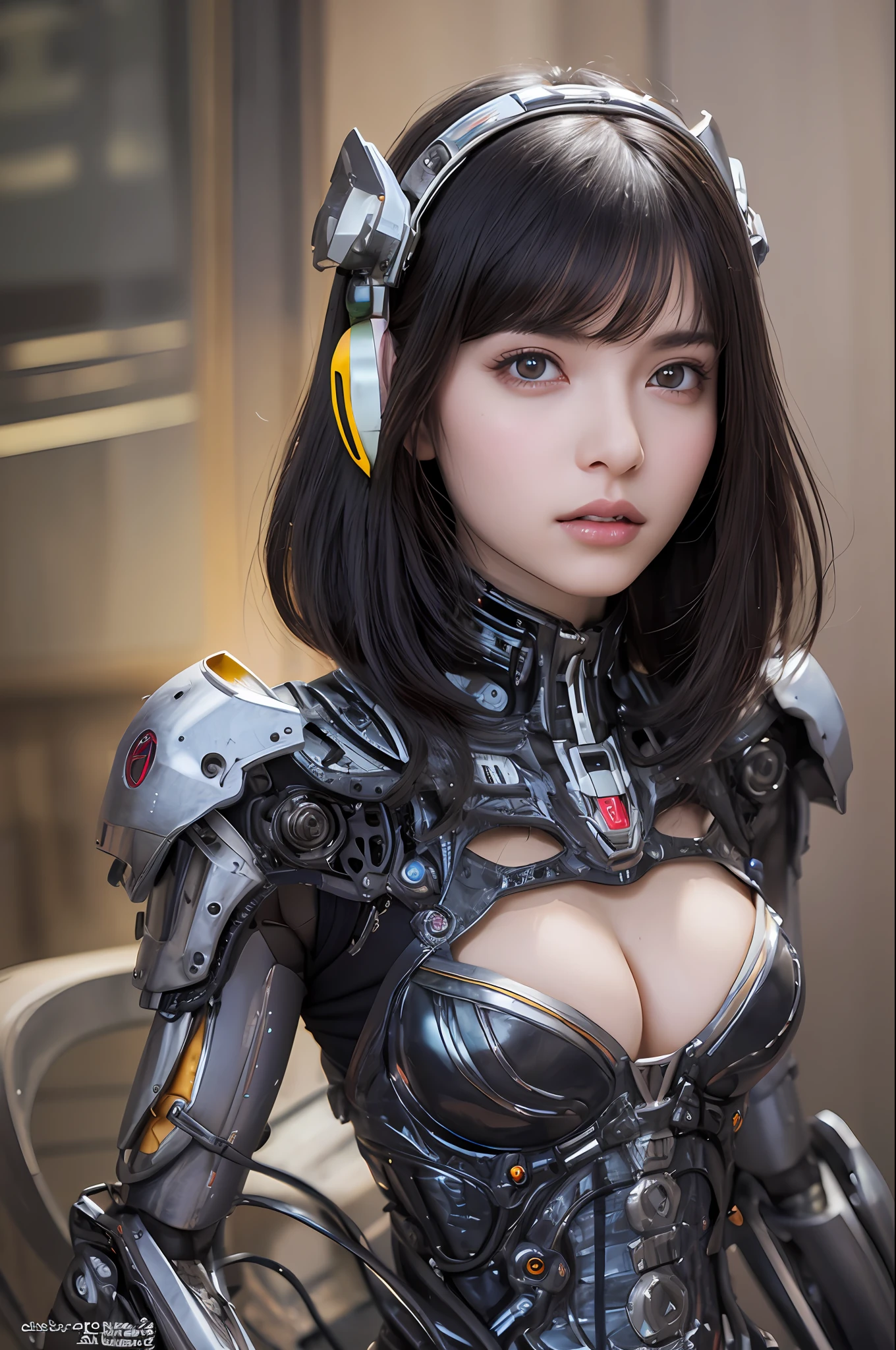 Top Quality, Masterpiece, Ultra High Resolution, (Photorealistic: 1.4), Raw Photo, 1 Girl, Black Hair, Glossy Skin, 1 Mechanical Girl, (Ultra Realistic Details)), Portrait, Global Illumination, Shadows, Octane Rendering, 8K, Ultra Sharp, Colossal, Cleavage Exposed Raw Skin, Metal, Intricate Ornament Details, Egyptian Details, Very intricate details, realistic light, CGSoation trend, purple eyes, glowing eyes, facing the camera, neon details, mechanical limbs, blood vessels connected to the tube, mechanical vertebrae attached to the back, mechanical cervical attachment to the neck, sitting, wires and cables connecting to the head, gundam, small LED lamps,