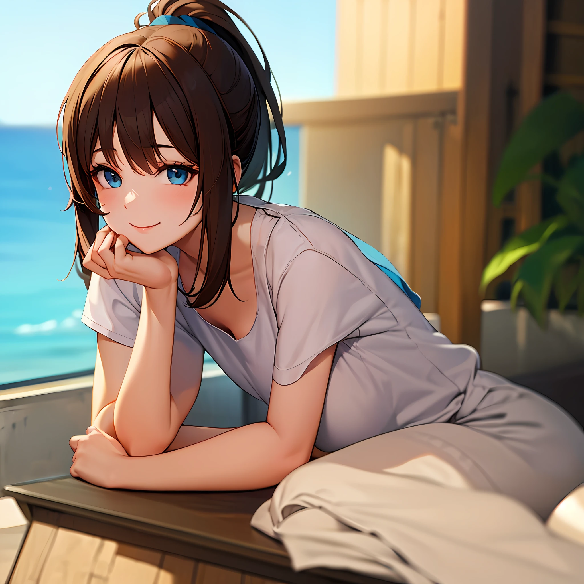 Ultra high res, best quality, masterpiece, cute anime girl, ponytail, brown hair, blue eyes, smiling, safe, summer, kawaii, alone, waiting for someone, hand on Cheek, show only half body, not showing feet,