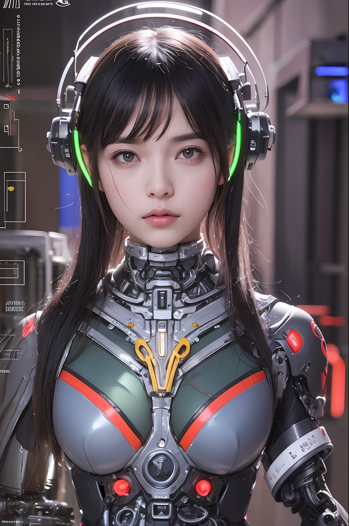 Top Quality, Masterpiece, Ultra High Resolution, (Photorealistic: 1.4), Raw Photo, 1 Girl, Black Hair, Glossy Skin, 1 Mechanical Girl, (Ultra Realistic Details)), Portrait, Global Illumination, Shadows, Octane Rendering, 8K, Ultra Sharp, Colossal, Cleavage Exposed Raw Skin, Metal, Intricate Ornament Details, Egyptian Details, Very intricate details, realistic light, CGSoation trend, purple eyes, glowing eyes, facing the camera, neon details, mechanical limbs, blood vessels connected to the tube, mechanical vertebrae attached to the back, mechanical cervical attachment to the neck, sitting, wires and cables connecting to the head, gundam, small LED lamps,