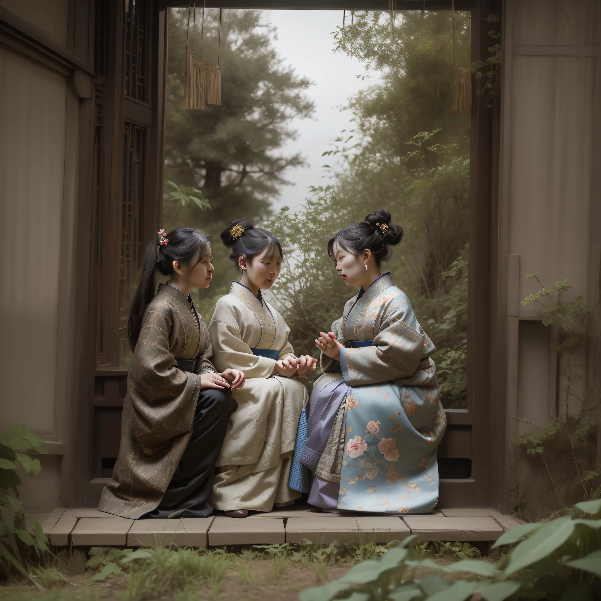 Anime style, three Chinese women in Hanfu watching fish in an ancient garden