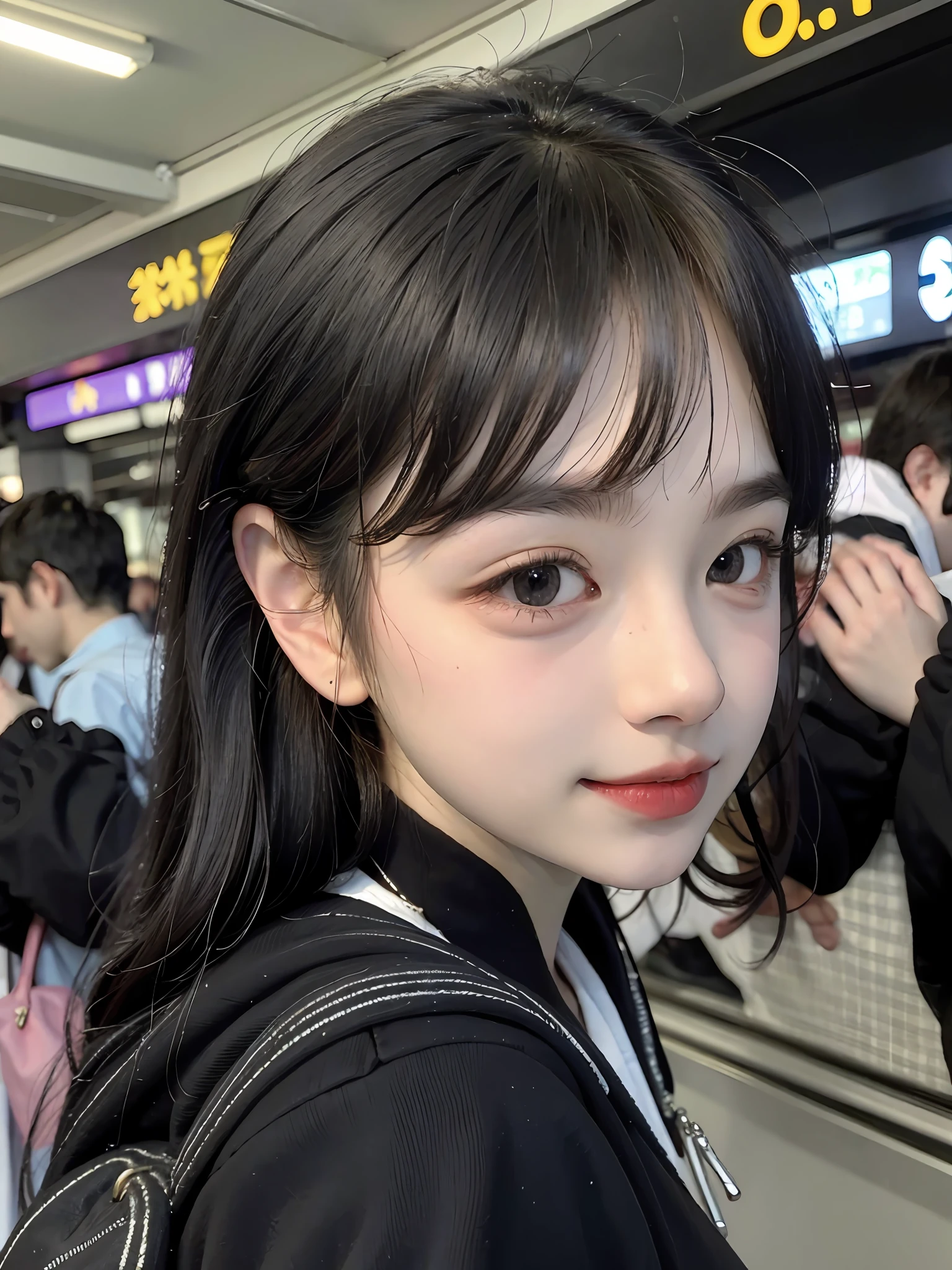 (8k, best quality, masterpiece: 1.2), (realistic, realistic, photorealistic: 1.37), hyper-detailed, beautiful detail eyes, beautiful detail nose, (((1girls))), twin girls, short-sleeved sailor suit, pleated short skirt, bust photo, subway station, smile, crowds, standing, carrying a school bag, ((sideways, looking back)))