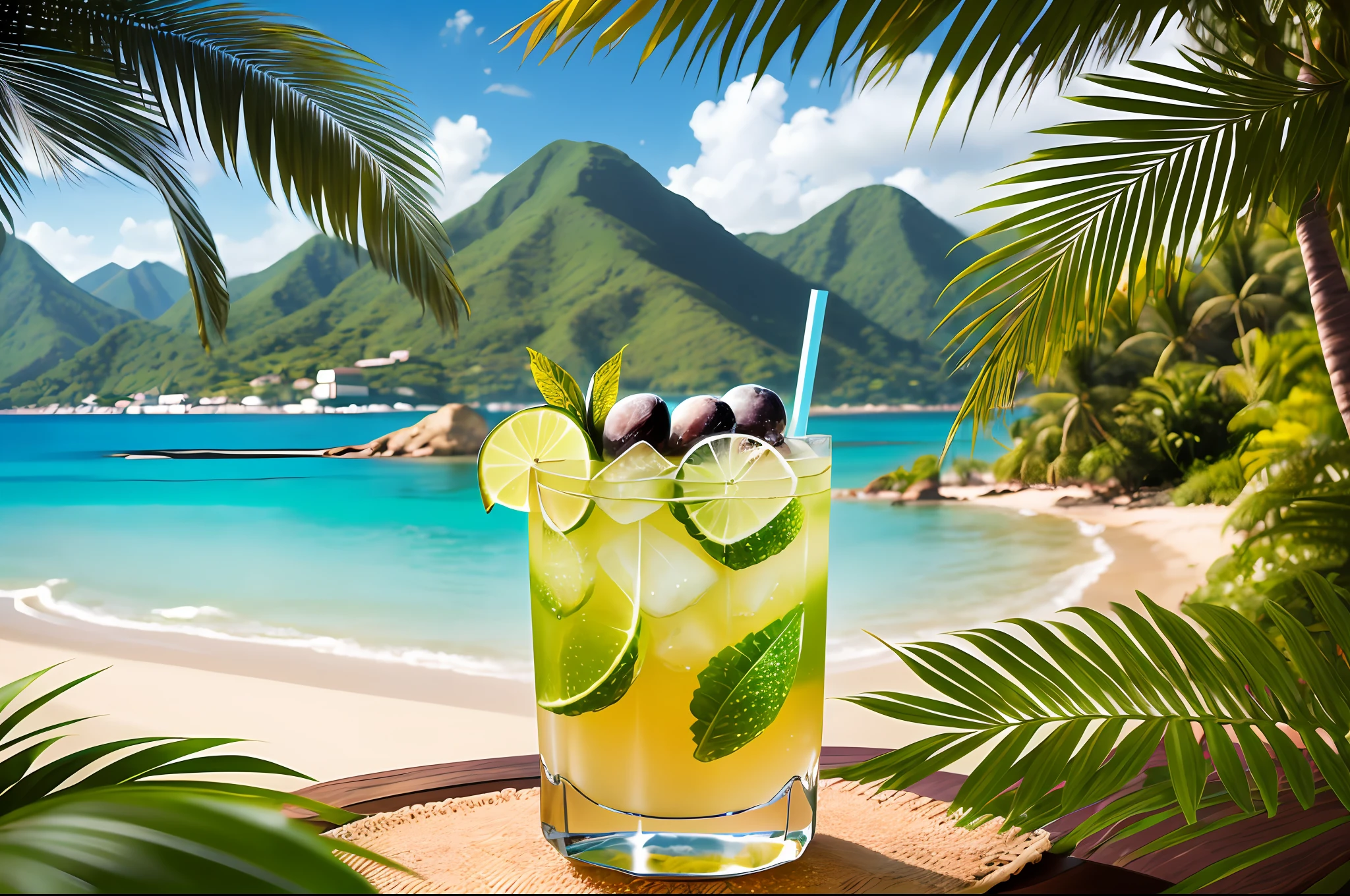 Design an advertising image featuring a beautifully styled caipirinha, the iconic Brazilian cocktail, with fresh limes, sugar, and a backdrop of tropical scenery.