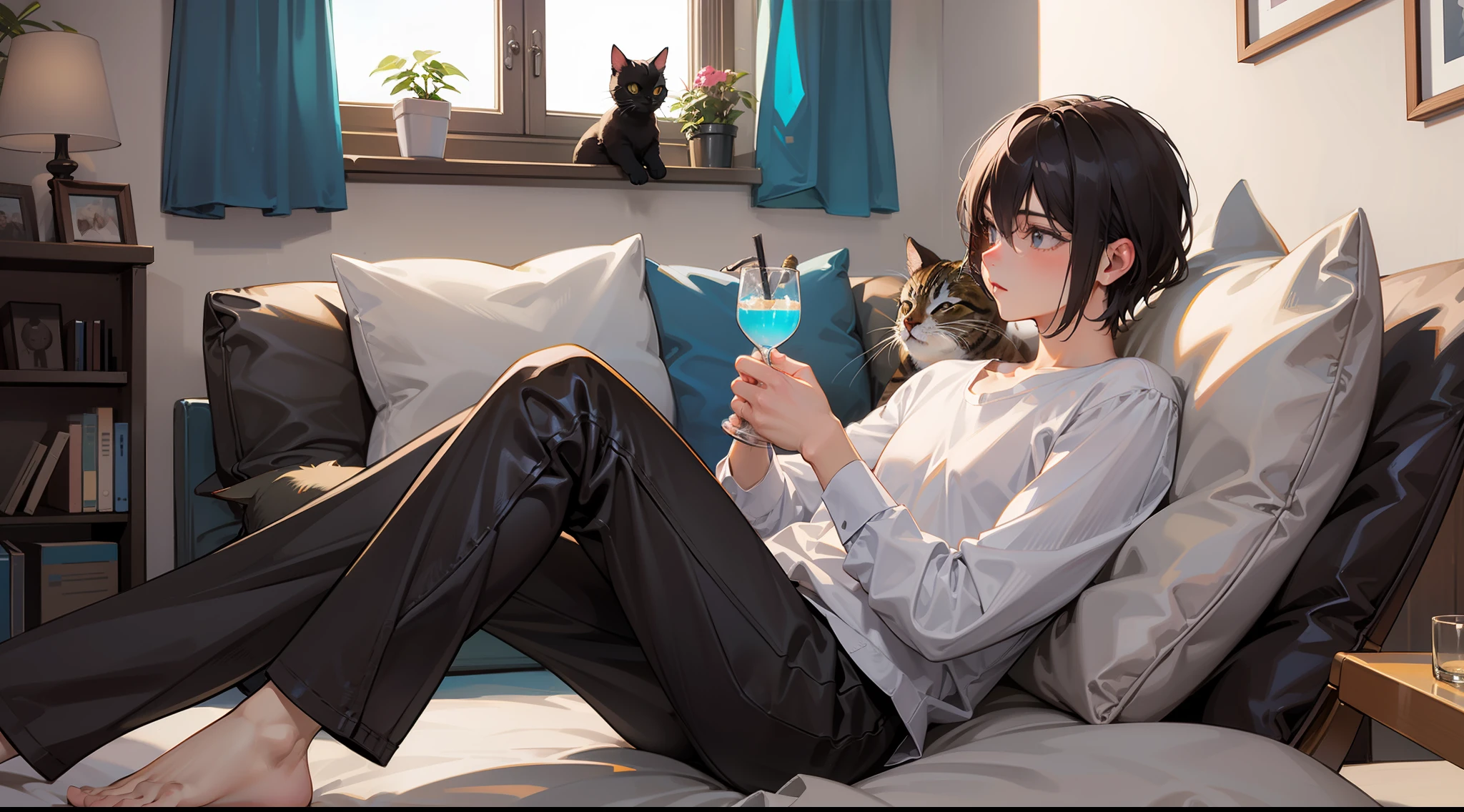 A boy holding a drink of coffe, while relax with his cat