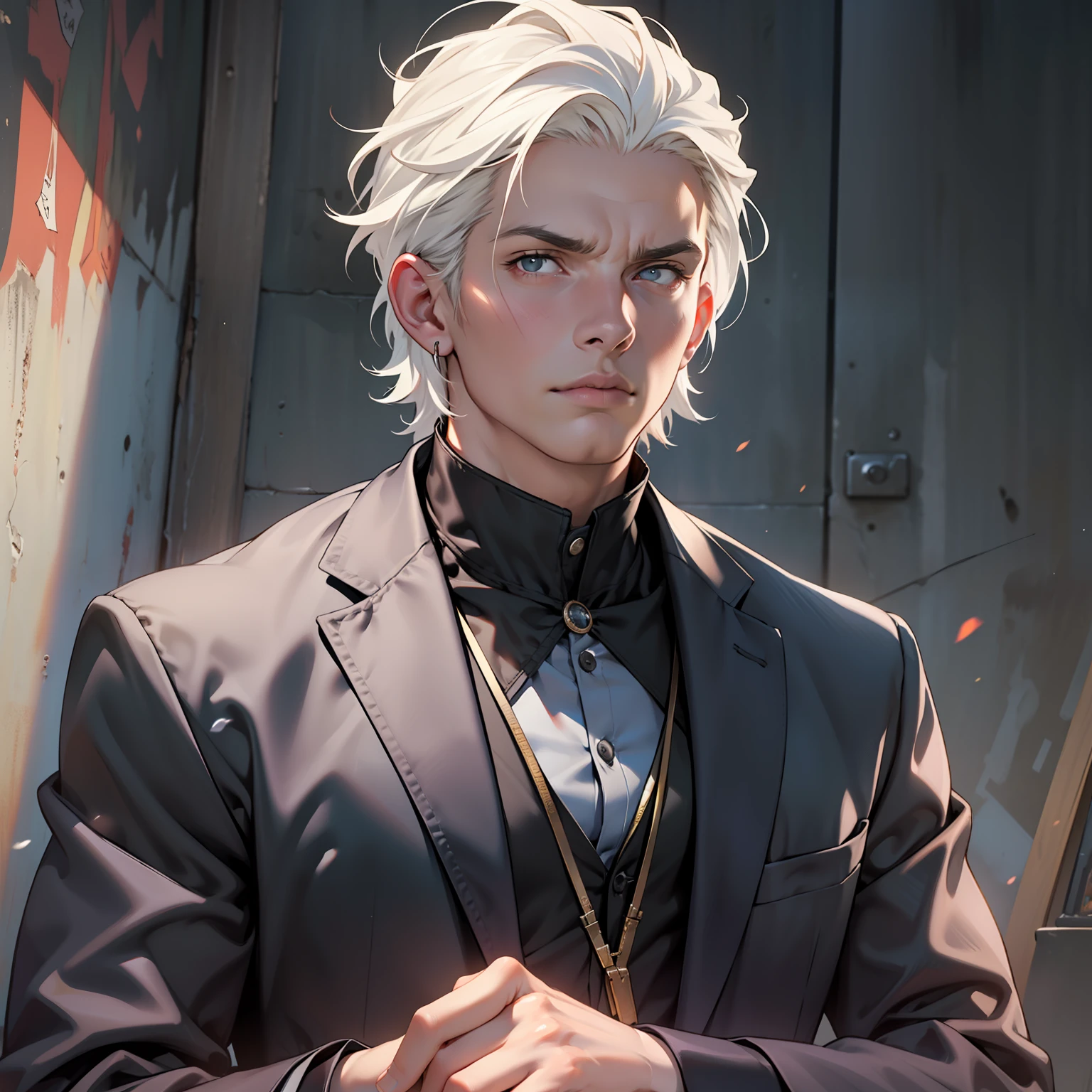 ((realistic: 1.5)),((best quality)), ((masterpiece)),((detailed)), man, young, with short white hair, black dress coat, focus on face, scary look.