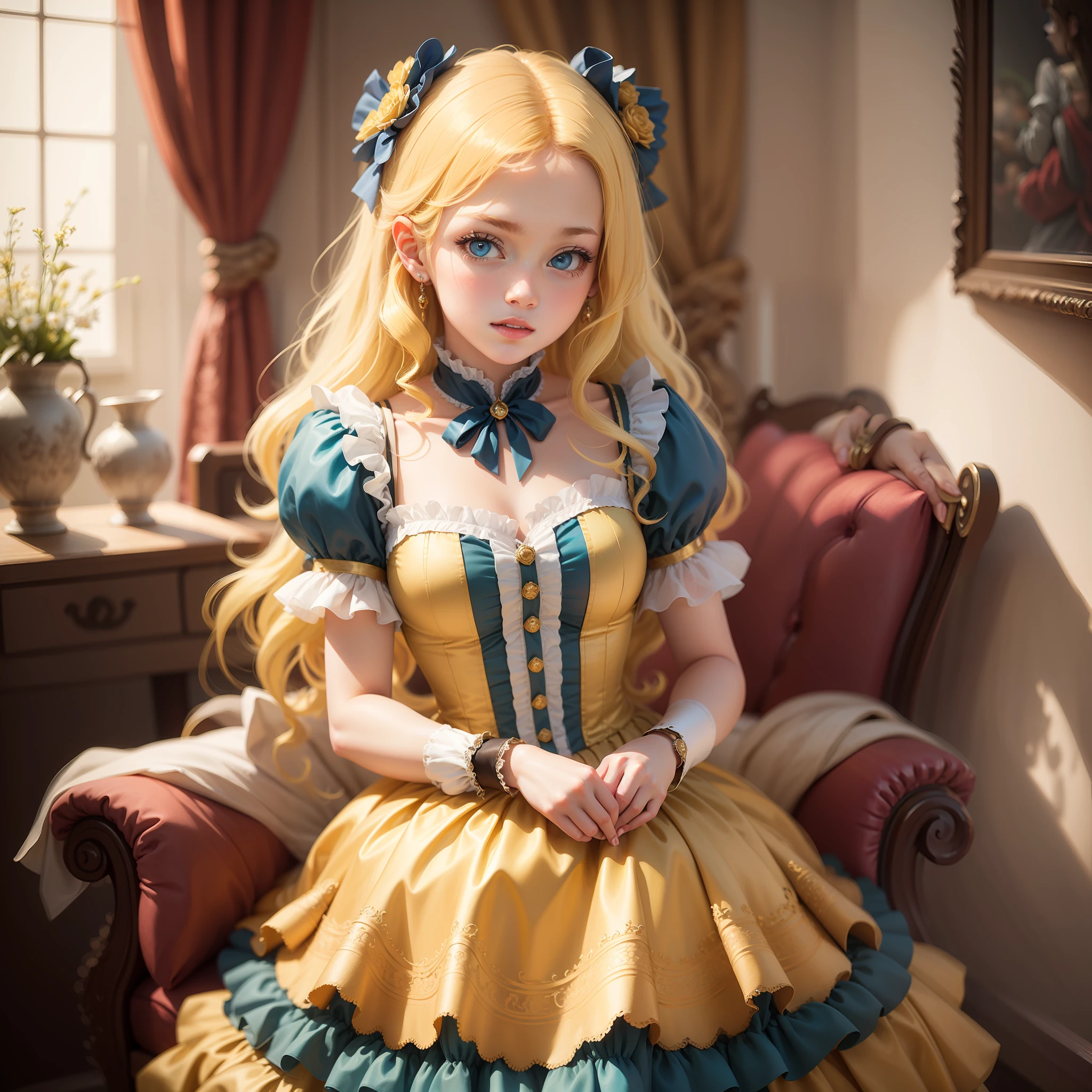 princess, yellow hair, 18 years old, beautiful, innocent, blue eyes, rococo style dress