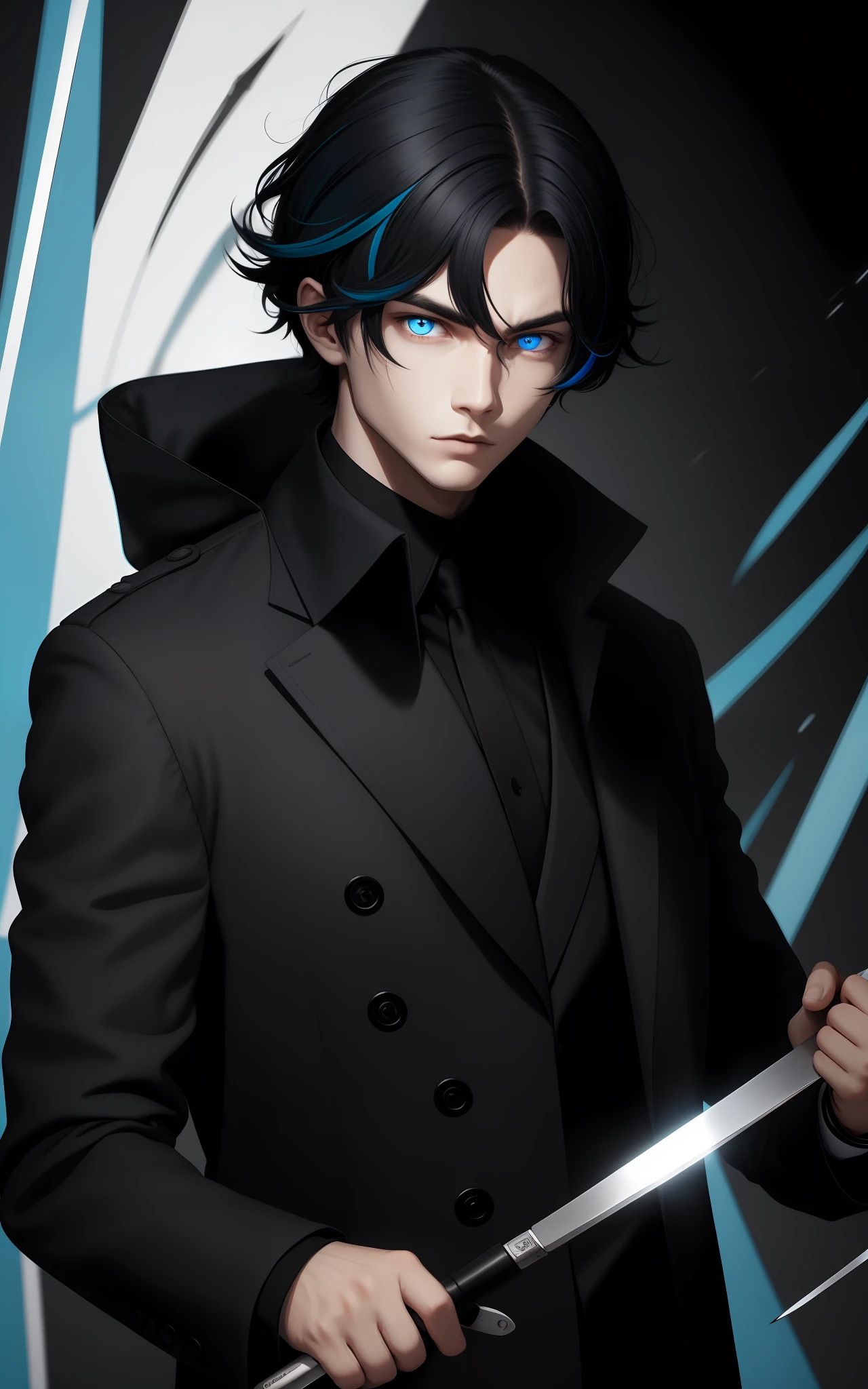 Man wearing black cacharrel, holding a scalpel, black social hair with white locks, two-colored eyes, fighting, blue aura all around, wearing coat