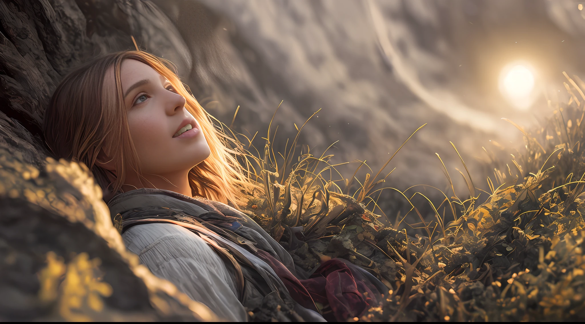 an ultra realistic ultra detailed RAW photograph of a distressed person looking up at the sky, with a soft glow all around, painting by scott gustafson, trend at artstation, sharp focus, studio photo, intricate details, highly detailed, by Ralph Horsley greg rutkowski, trend in artstation, exquisite detail, Canon EOS 5D Mark IV DSLR, 85mm lens,  sharp focus, intricately detailed, long exposure time, f/8, ISO 100, shutter speed 1/125, fuzzy backlighting, award-winning photography, looking at the camera, perfect contrast, high sharpness, depth of field, ultra-detailed photography, raytraced, global lighting, smooth, ultra high definition, 8k, unreal motor 5, ultra sharp focus, award-winning photography, studio photo, intricate details, highly detailed,  by Greg Rutkowski