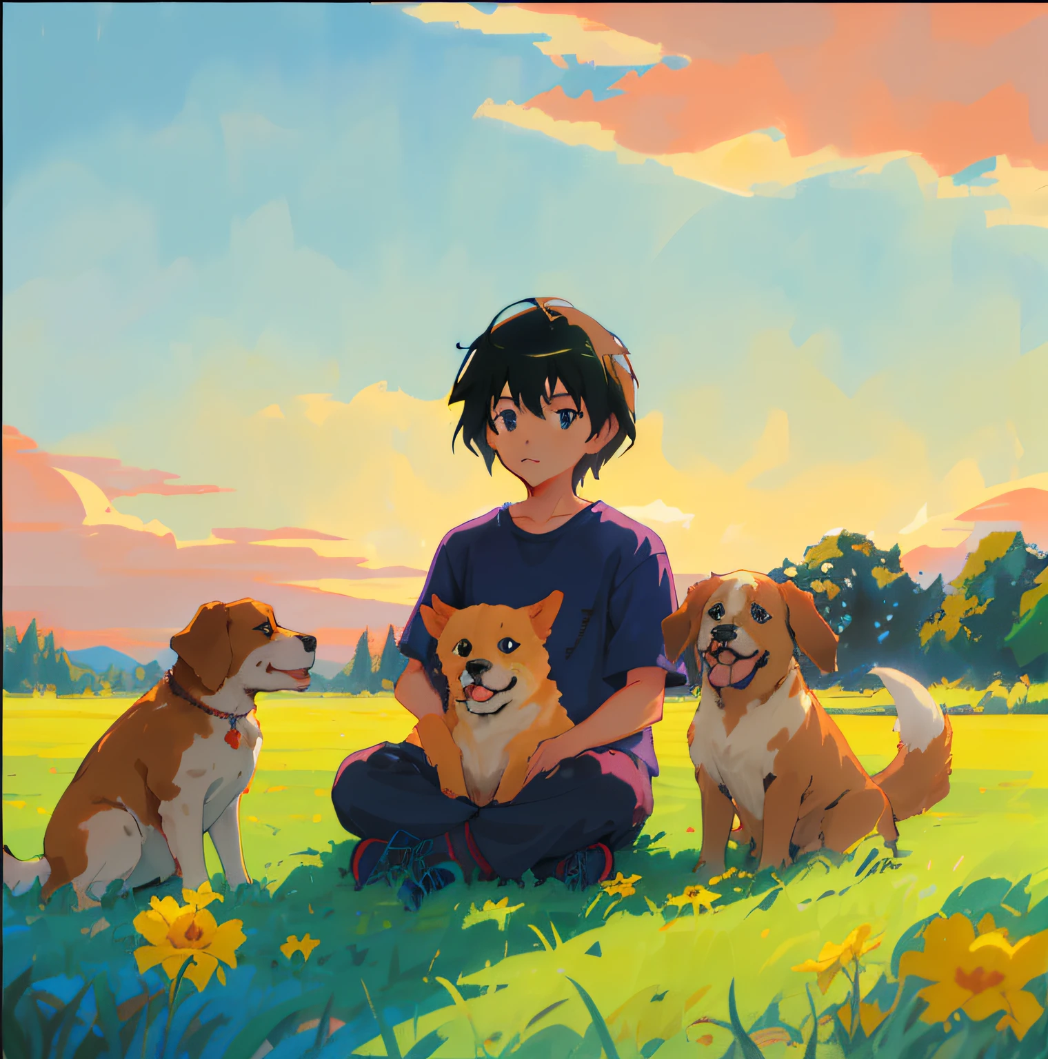 anime boy sitting in a field with four dogs, with dogs, by Eizan Kikukawa, official fanart, official art, ( ( makoto shinkai ) ), by Kose Kanaoka, by Kubisi art, by Yang J, by Kobayashi Kiyochika, lofi art, by Maki Haku