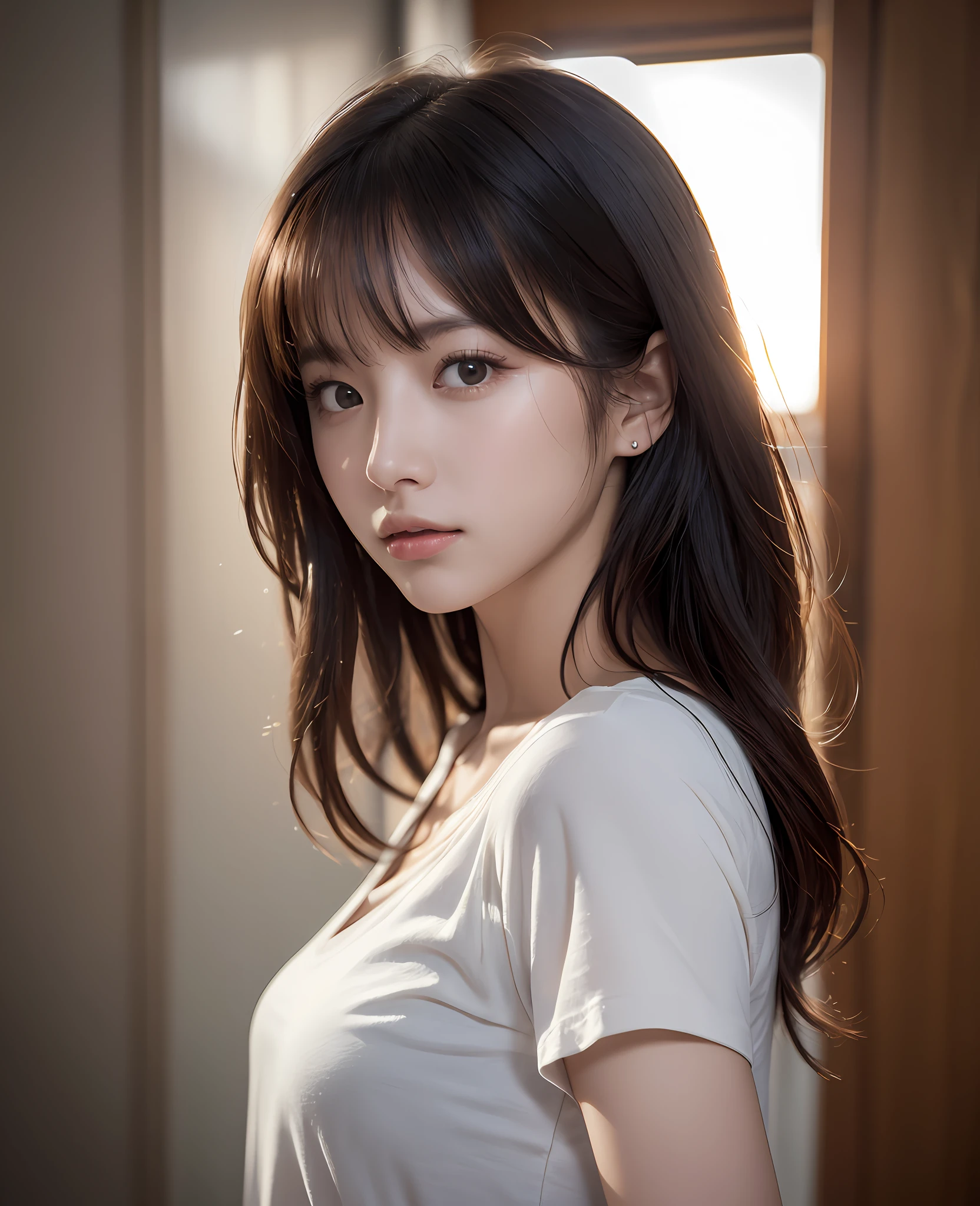 (Best quality, High resolution, Masterpiece :1.3), Dressed, (Photoreal: 1.4), (Hyperrealistic: 1.4), (Realistic: 1.3), (Smooth Lighting: 1.05), (Improved cinematic lighting quality: 0.9), 32K, 1 girl, 20 year old girl, Realistic lighting, backlight, face light, ray tracking, (bright light: 1.2), (quality improvement: 1.4), (quality improvement: 1.4), fine detailed eyes, detailed face, fine quality eyes, (tired, sleepy and satisfied: 0.0), face close-up, t-shirt, (enhance the atmosphere of body line: 1.1), (enhance the beauty of skin texture: 1.1), Korean Idol, Nogizaka Idol, Gravure Idol, Actress, Fashion Model Posing