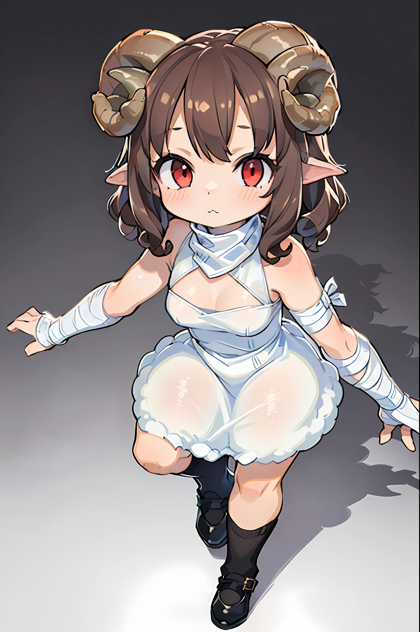 ((portrait):1.5),((9--old l /with sheep's horns):1.5), bulging hips,((brown curly hair):1.2),((bandaged arms and legs):1.4)(wearing a white dress:1.4),(black shoes:1.5) ((red eyes):1.3), looking at the viewer,((single background):1.5),4k,