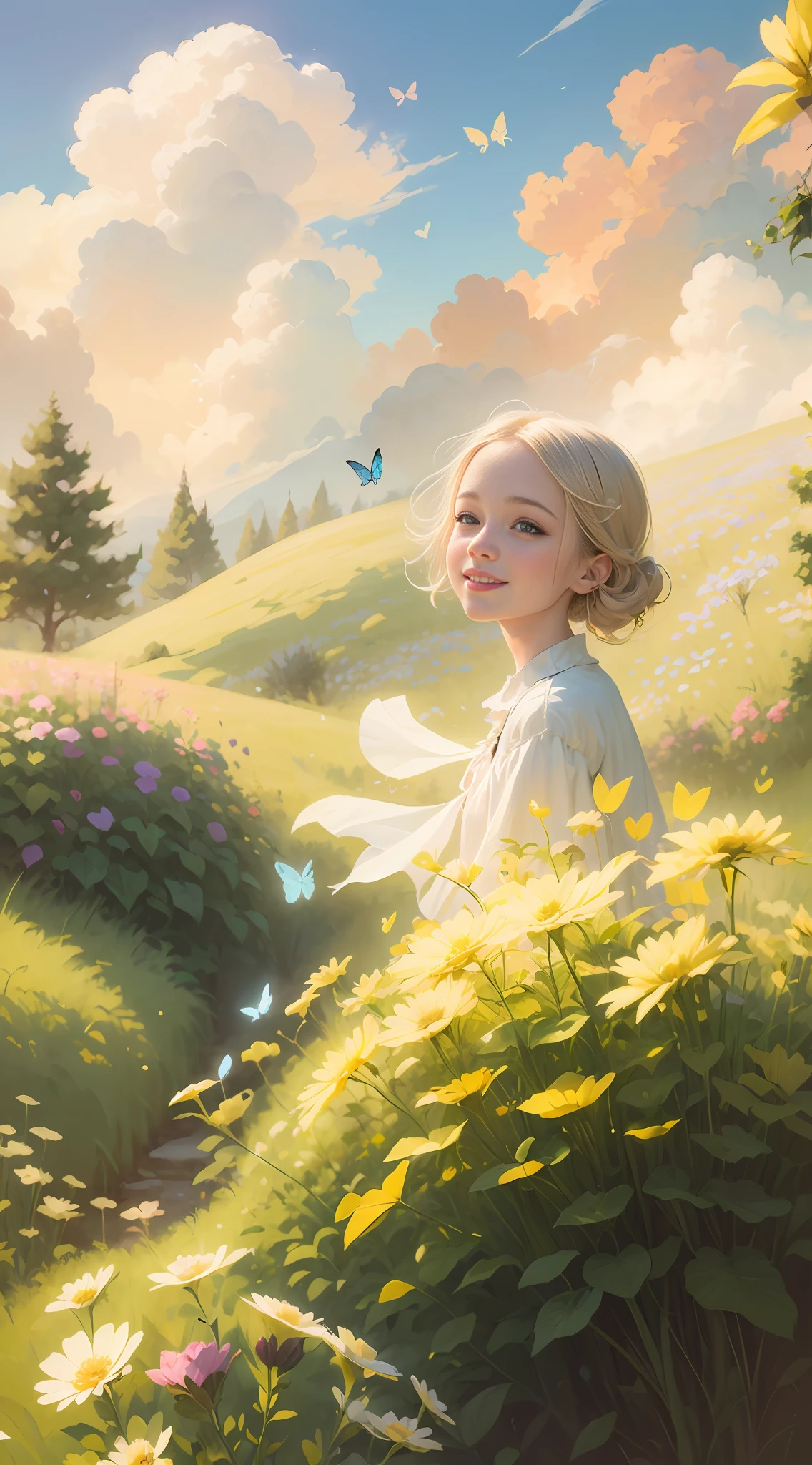 Illustration of a girl, 1 blonde child of "10 years", "happy" in an enchanted flower garden, wearing long dress of braco and blue color, blue sky of clouds, playing with butterflies, beautiful illustration, beautiful UHD 4k art, a beautiful art illustration, art in the style of guweiz, atey ghailan 8K, artgerm and atey ghailan, girl,  1 blonde child of "10 years", wearing long dress of white and blue color, happy in an enchanted flower jadim, playing with butterflies, (butterflies). (best quality, masterpiece), pose, particles, wind, flower, full body, enchanted garden background, looking at the butterflies. --auto