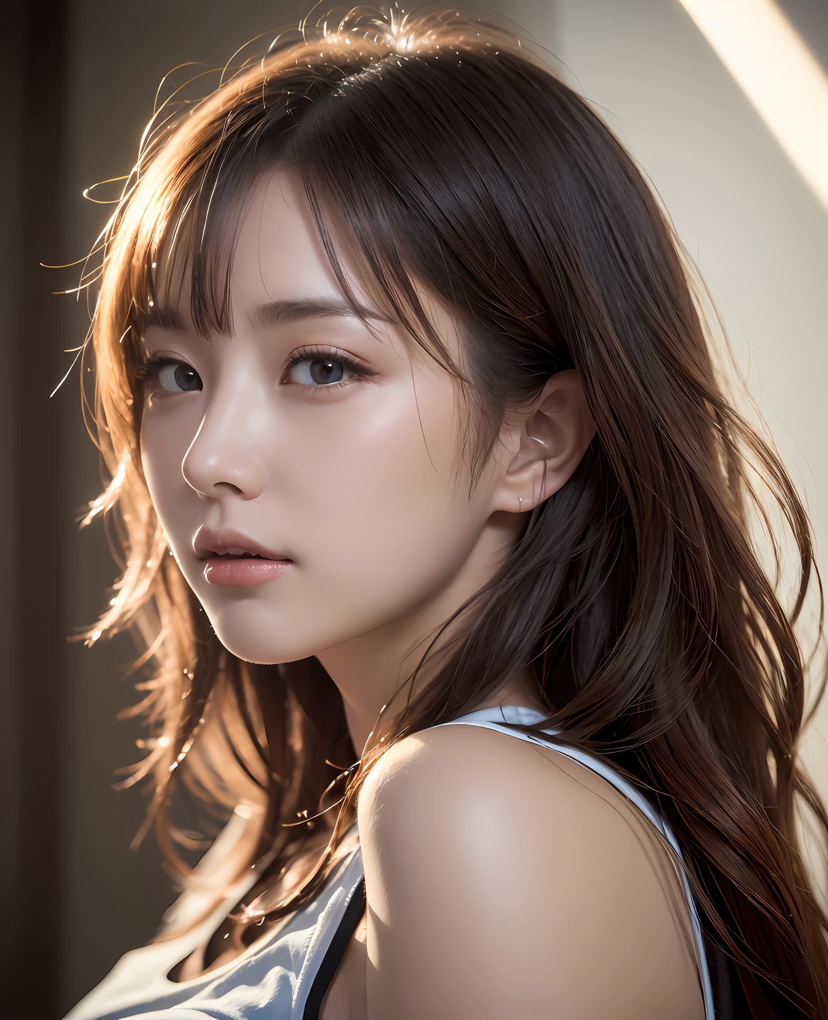(Best quality, High resolution, Masterpiece :1.3), Dressed, (Photoreal: 1.4), (Hyperrealistic: 1.4), (Realistic: 1.3), (Smooth Lighting: 1.05), (Improved cinematic lighting quality: 0.9), 32K, 1 girl, 20 year old girl, Realistic lighting, backlight, face light, ray tracking, (bright light: 1.2), (quality improvement: 1.4), (quality improvement: 1.4), fine detailed eyes, detailed face, fine quality eyes, (tired, sleepy and satisfied: 0.0), face close-up, t-shirt, (enhance the atmosphere of body line: 1.1), (enhance the beauty of skin texture: 1.1), Korean Idol, Nogizaka Idol, Gravure Idol, Actress, Fashion Model Posing