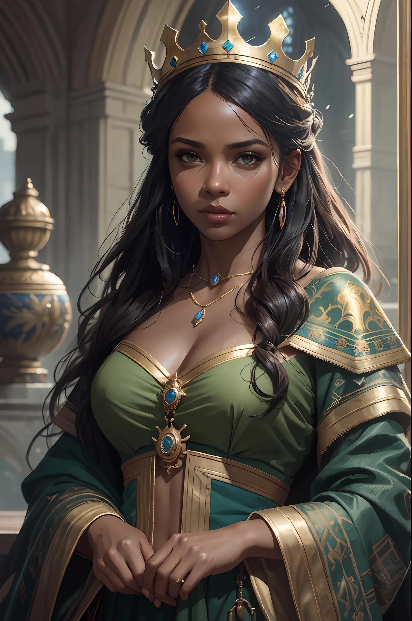 modelshoot style, (extremely detailed CG unity 8k wallpaper), full shot body photo of the most beautiful artwork in the world, medieval queen, green vale, dark skin, black woman, dark skin, golden crown, diamonds, medieval architecture, professional majestic oil painting by Ed Blinkey, Atey Ghailan, Studio Ghibli, by Jeremy Mann, Greg Manchess, Antonio Moro, trending on ArtStation, trending on CGSociety, Intricate, High Detail, Sharp focus, dramatic, photorealistic painting art by midjourney and greg rutkowski
