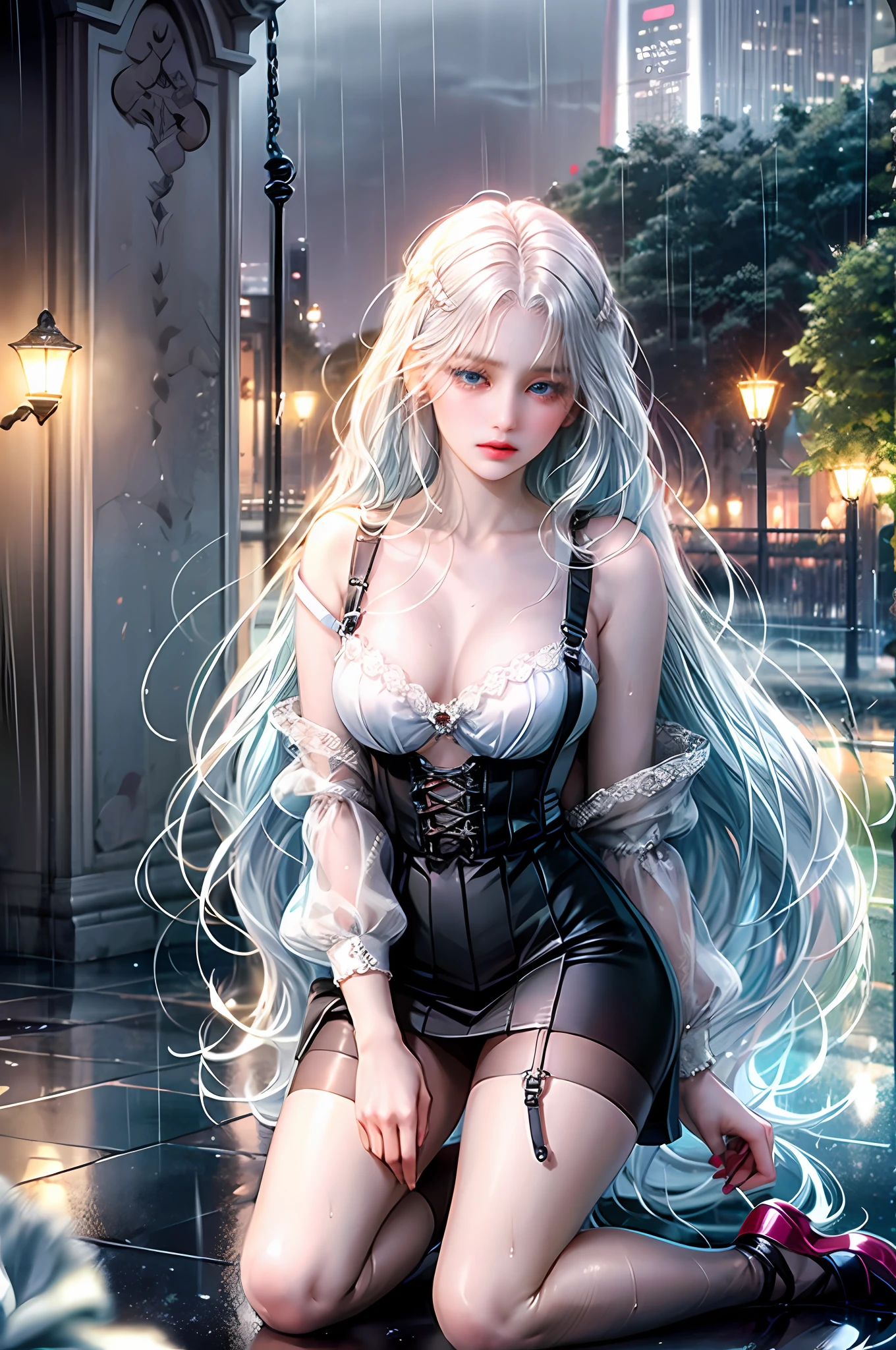 1 girl, anime style, kneeling, hivering, feeling cold, shivering, transparent suspender stockings, leg straps, short skirt, (long white hair), blue eyes, rain-soaked top, rainy day, heartache expression --auto