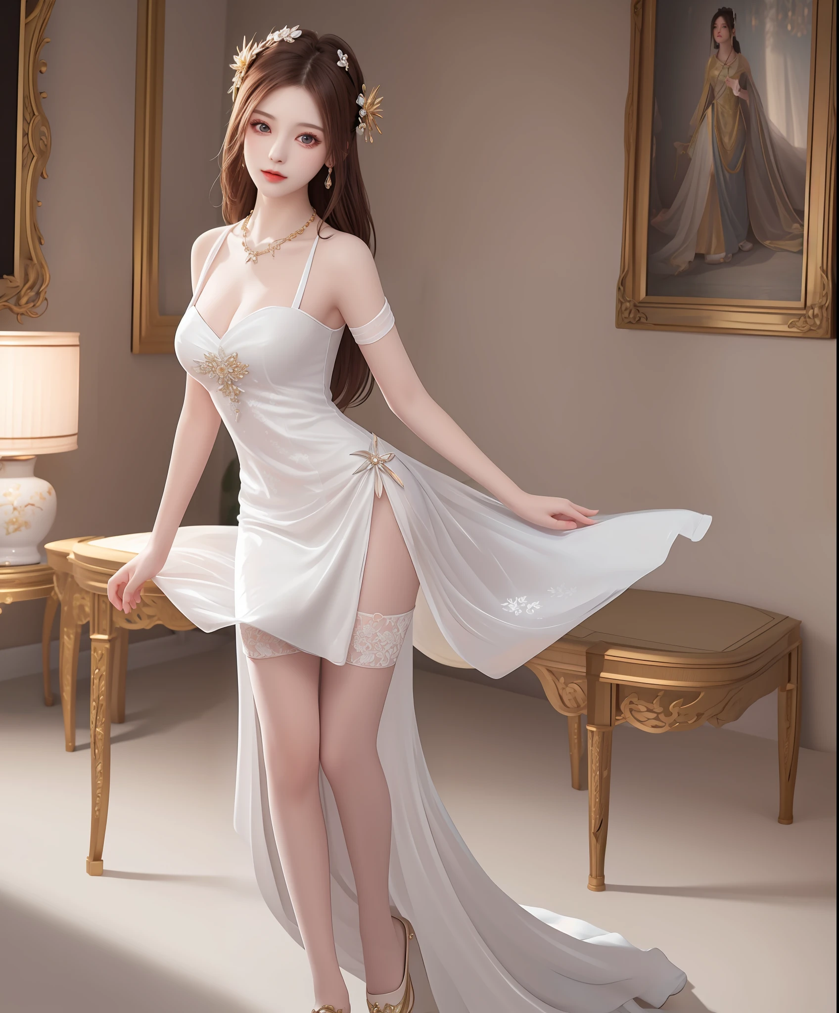 Best Quality, Masterpiece, High Resolution, 1 Girl, Porcelain Dress, Hair Accessories, Necklace, Jewelry, Beautiful Face, Physically, Tyndall Effect, Realistic, In a Palace Where the Immortals Live, Edge Lighting, Two-tone Lighting, (High Detail Skin: 1.2), 8K UHD, DSLR, Soft Light, High Quality, Volumetric Light, Voyeur, Photo, High Resolution, 4K, 8K, Background Blur, Full Body View, White Slip Stockings, Long Dress