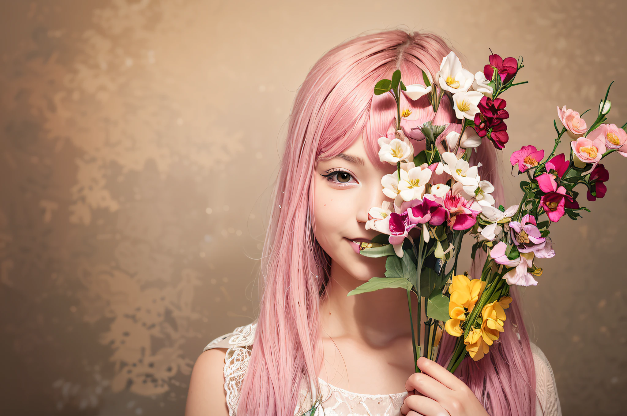 there is a girl with pink hair holding a bunch of flowers, kind cyborg girl with flowers, beautiful pink little alien girl, beautiful pink little girl, with flowers, pink girl, girl with a flower face, with pink hair, girl in flowers, portrait of magical young girl, girl with a flower head, flowers on heir cheeks, elf girl wearing an flower suit