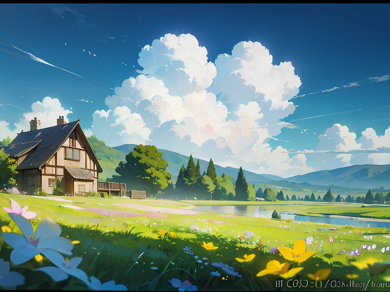 Country Cottage, Summer, Meadow, Little Flower, Little River Passing, Paradise, Big Clouds, Blue Sky, Hot Weather, HD Detail, Wet Watermark, Hyper Detail, Cinematic, Surrealism, Soft Light, Deep Field Focus Bokeh, Distant Snow Mountains, Ray Tracing, Surrealism. --v6