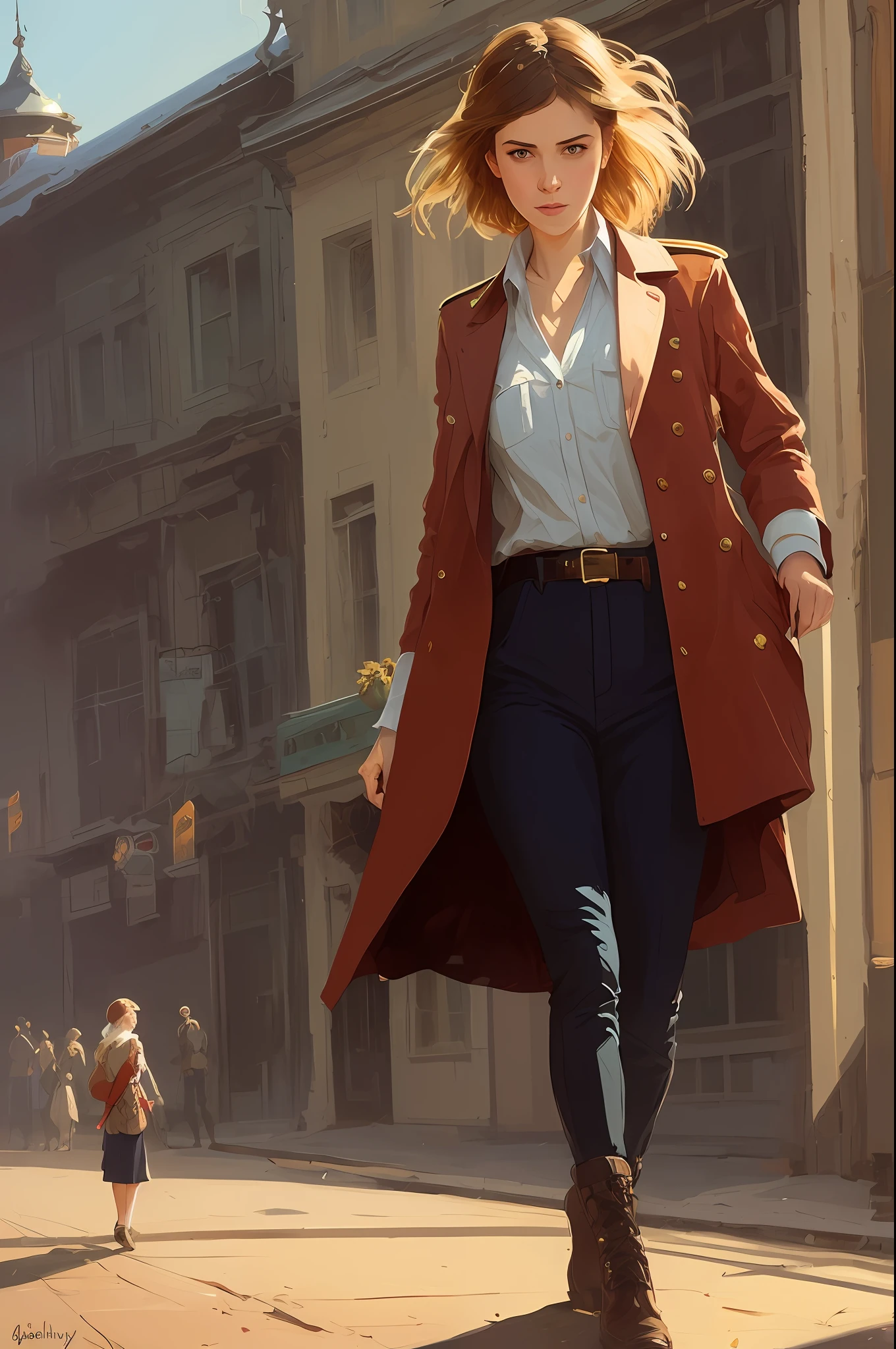 modelshoot style, (extremely detailed CG unity 8k wallpaper, hasselblad award winner), beautiful detailed portrait of a young blonde female, beautiful sports girl in the militia uniform of the Soviet Union, serious look, cinematic lighting, ambient soft lighting, dramatic lighting, diffused soft lighting, aviator style, (detailed background with red flags of the soviet union:1.2), futuristic, imperial style, elite, rich, highly detailed, intricate, sexy uniform, hot body, small breasts, with a long blonde tail and a long brown fur leather coat, artstation, cgsociety art, DeviantArt trending, 8k HD, masterpiece, high quality, sharp focus, digital art by Artgerm and Greg Rutkowski and Alphonse Mucha, professional majestic oil painting by Ed Blinkey, Atey Ghailan, Studio Ghibli, by Jeremy Mann, Greg Manchess, Antonio Moro, trending on ArtStation, trending on CGSociety, Intricate, High Detail, Sharp focus, dramatic, photorealistic painting art by midjourney and greg rutkowski