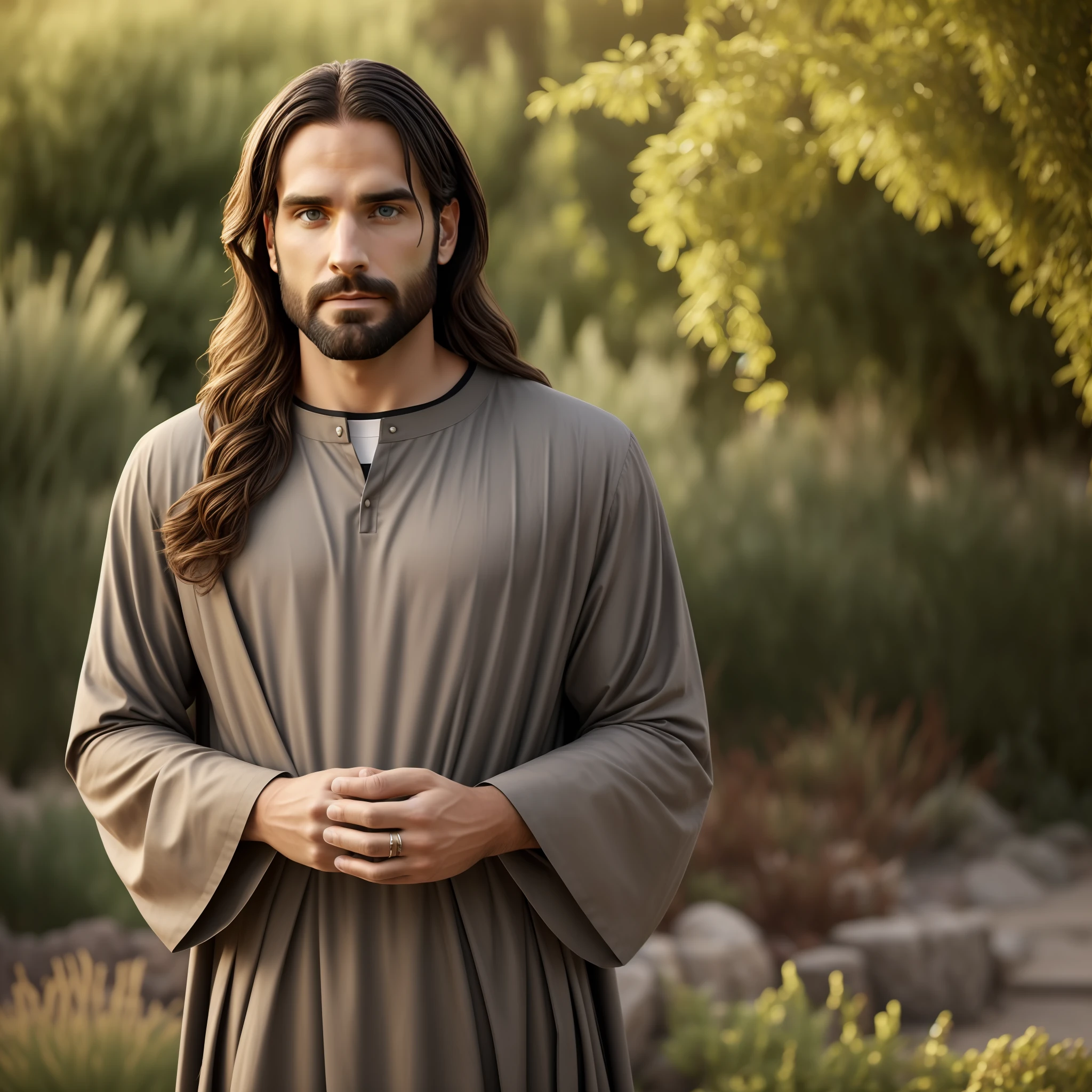 Seth Rollins as Jesus Christ, long hair, similar to seth rollins, wearing Hebrew tunic, Jesus style from the Bible, realistic image, garden picture background in Israel, best quality, 8k, focus on details.