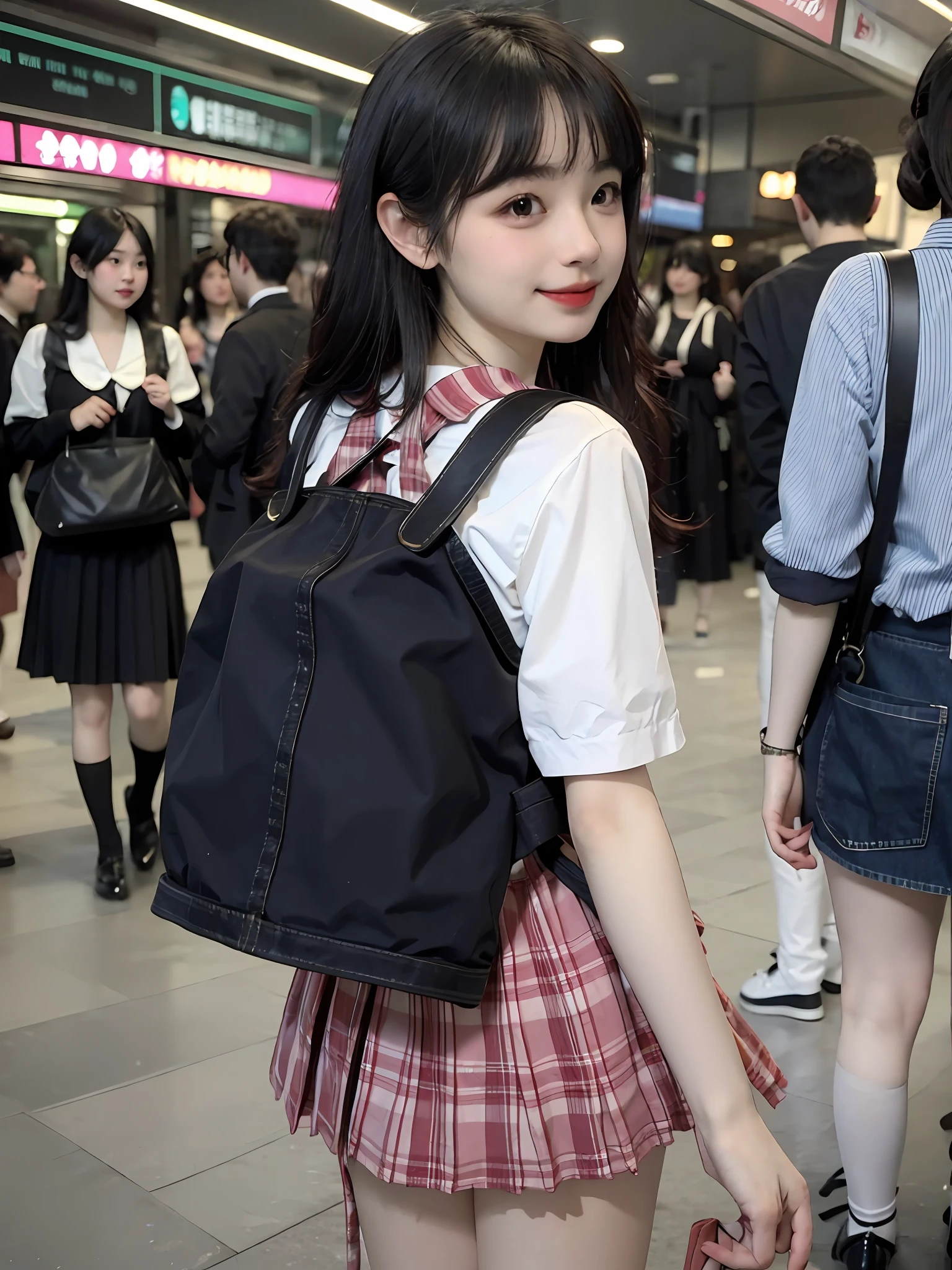 (8k, best quality, masterpiece: 1.2), (realistic, realistic, photorealistic: 1.37), 2 girls, hyper detail, beautiful detail eyes, beautiful detail nose, (((2girls))), twin girls, short-sleeved sailor suit, pleated short skirt, 7 minutes photo, subway station, smile, crowds, standing, carrying a school bag, ((sideways, looking back)))