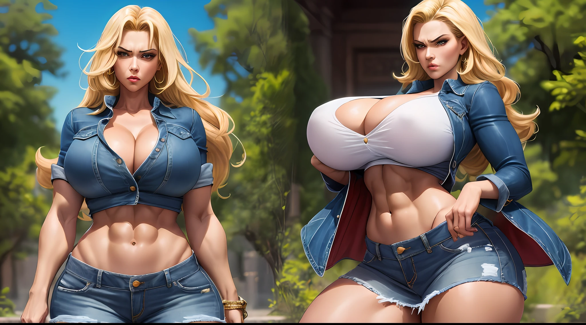 Android 18, Greek goddess Aphrodite, very angry, and sexy face, Her figure is extremely sexy voluptuous, Gigantic breasts, Heavy breasts, Hip fitness, Big ass, Cracked abdominal muscle, big abs muscle, wear short jean skirt, high heel brown boots, black short shirt and blue short jean coat, laying of defeated.